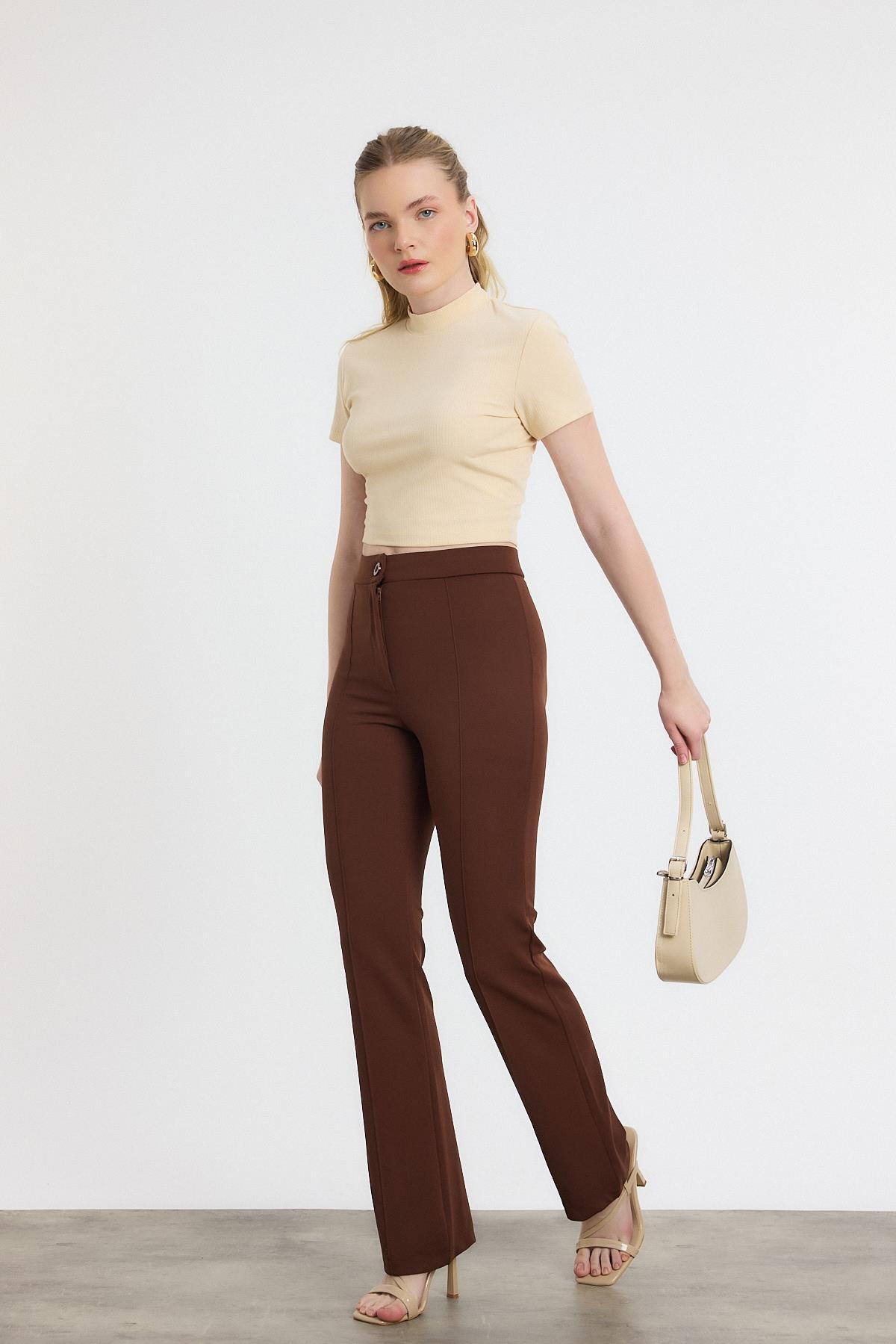 Straight/Düz Kesim Yüksek Bel Nervür Dikişli Örme Pantolon Kahve - 7