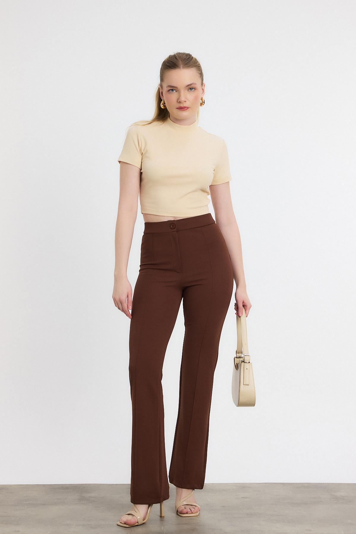 Kahve Straight/Düz Kesim Yüksek Bel Nervür Dikişli Örme Pantolon 6873 