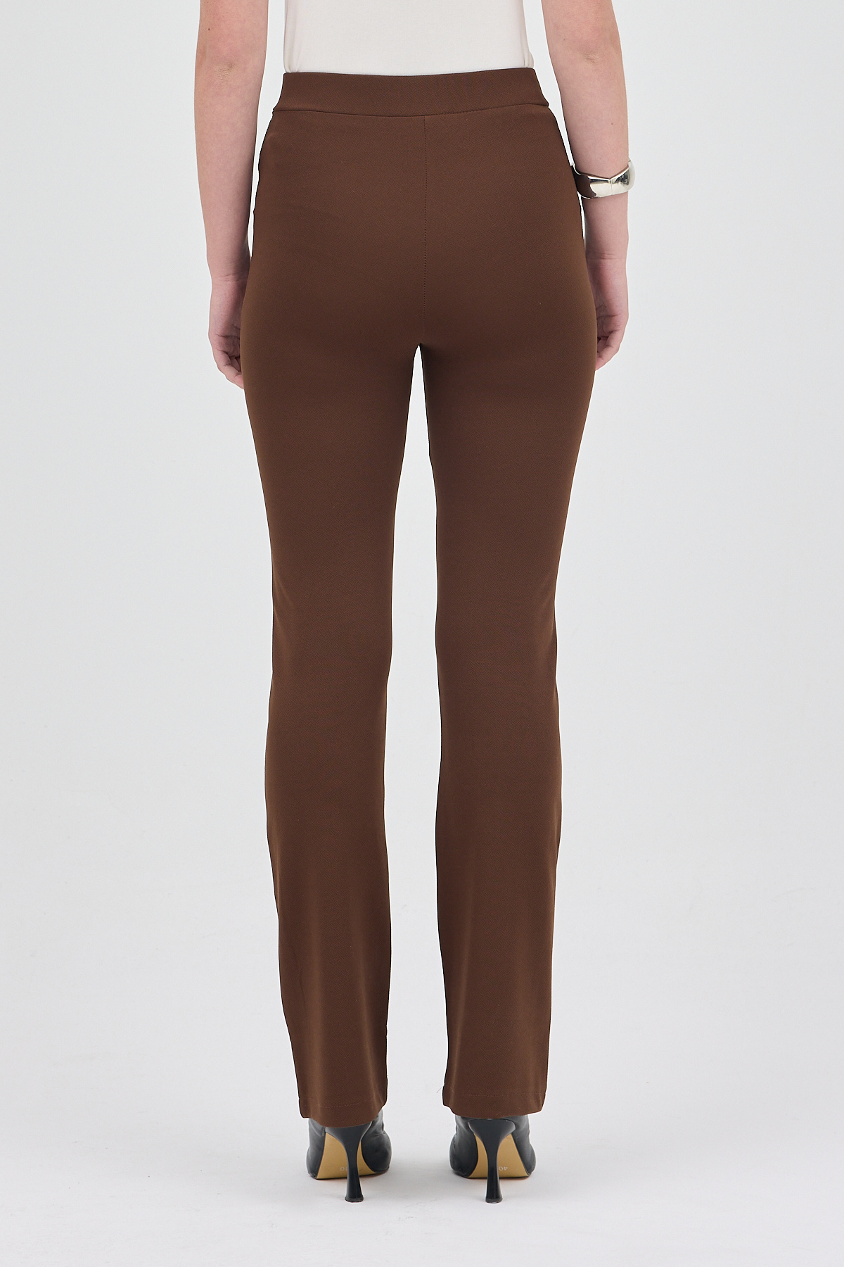 Kahve Straight/Düz Kesim Yüksek Bel Nervür Dikişli Örme Pantolon TCR-6873A - 5