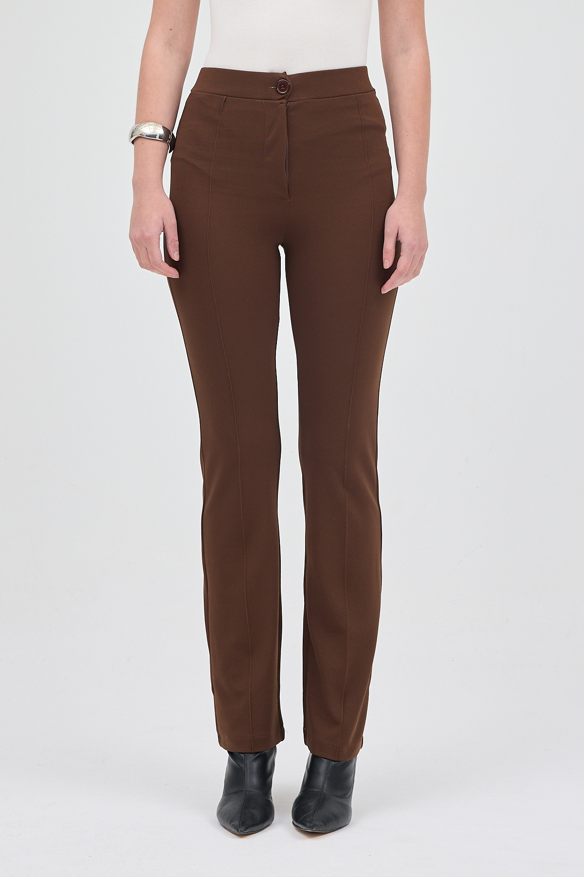 Kahve Straight/Düz Kesim Yüksek Bel Nervür Dikişli Örme Pantolon TCR-6873A - 2