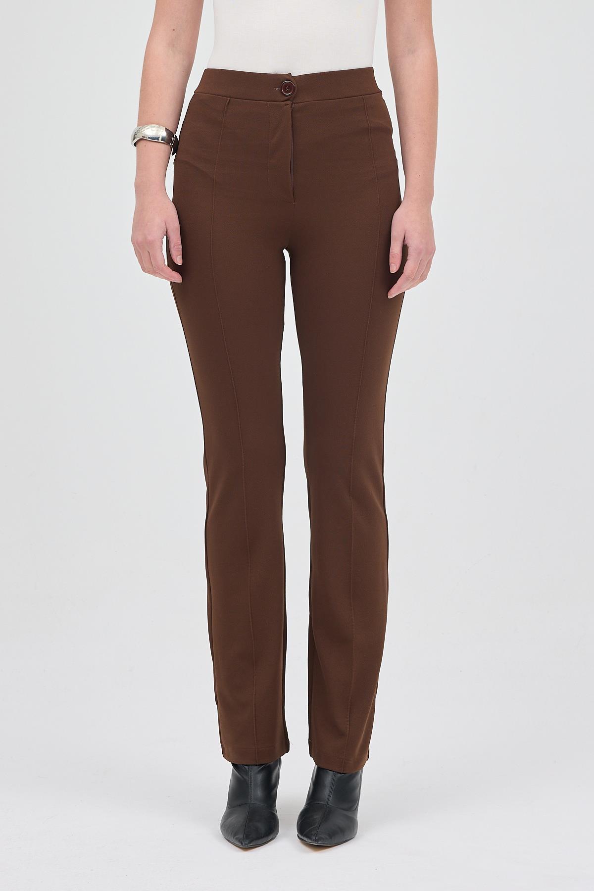 Kahve Straight/Düz Kesim Yüksek Bel Nervür Dikişli Örme Pantolon TCR-6873A - 2