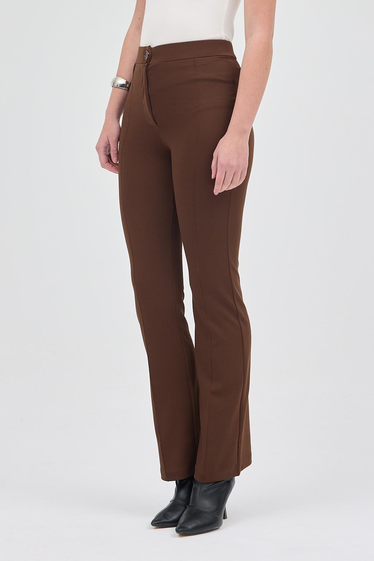 Kahve Straight/Düz Kesim Yüksek Bel Nervür Dikişli Örme Pantolon TCR-6873A - 3