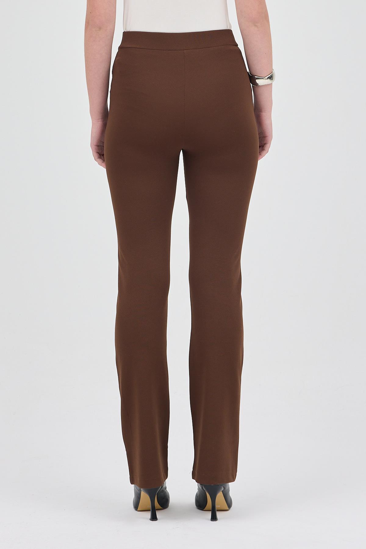 Kahve Straight/Düz Kesim Yüksek Bel Nervür Dikişli Örme Pantolon TCR-6873A - 5