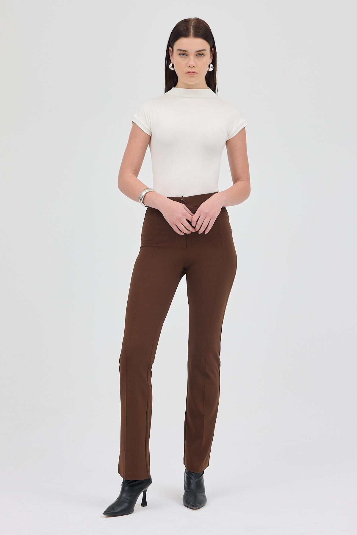 Kahve Straight/Düz Kesim Yüksek Bel Nervür Dikişli Örme Pantolon TCR-6873A - 7