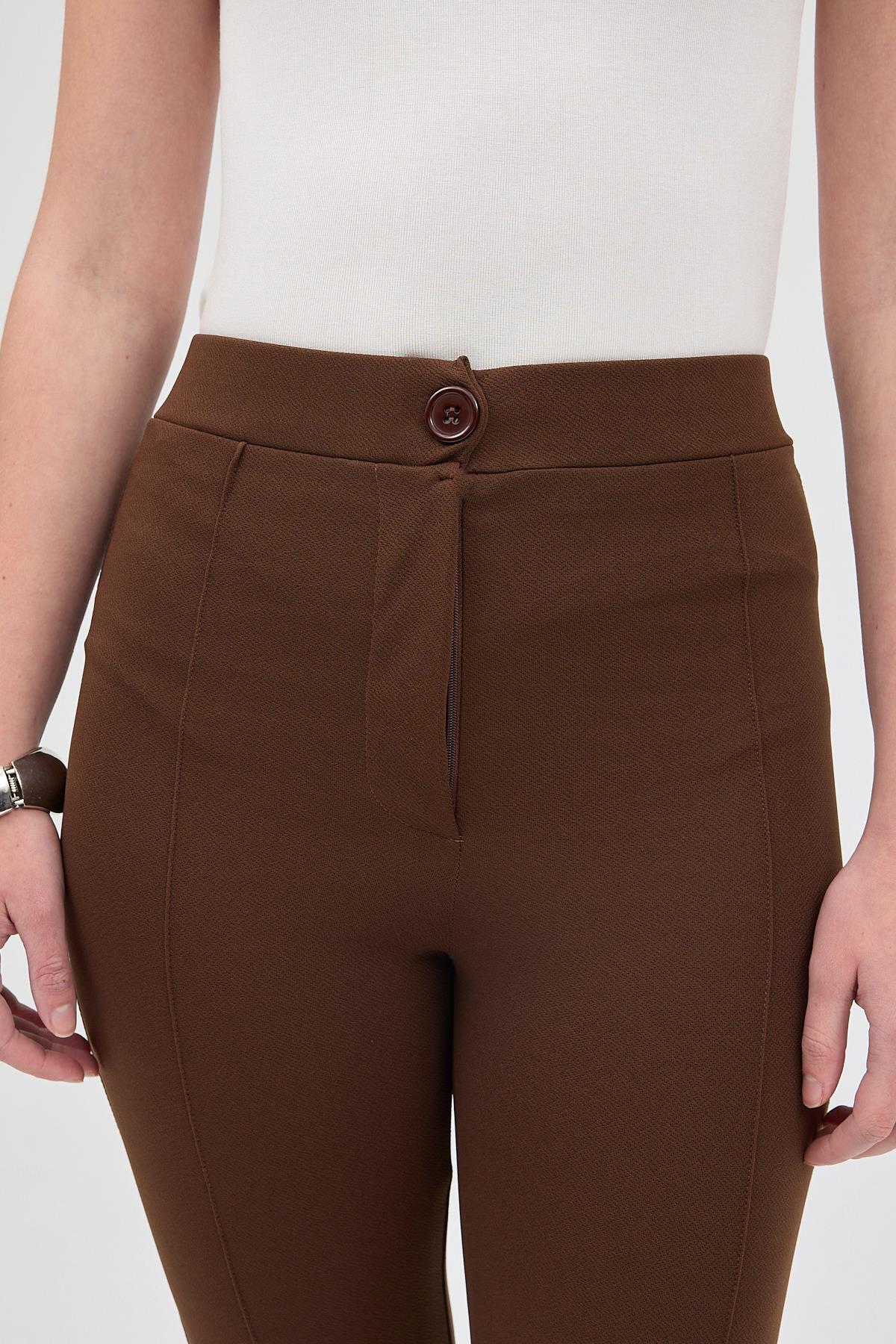 Kahve Straight/Düz Kesim Yüksek Bel Nervür Dikişli Örme Pantolon TCR-6873A - 4