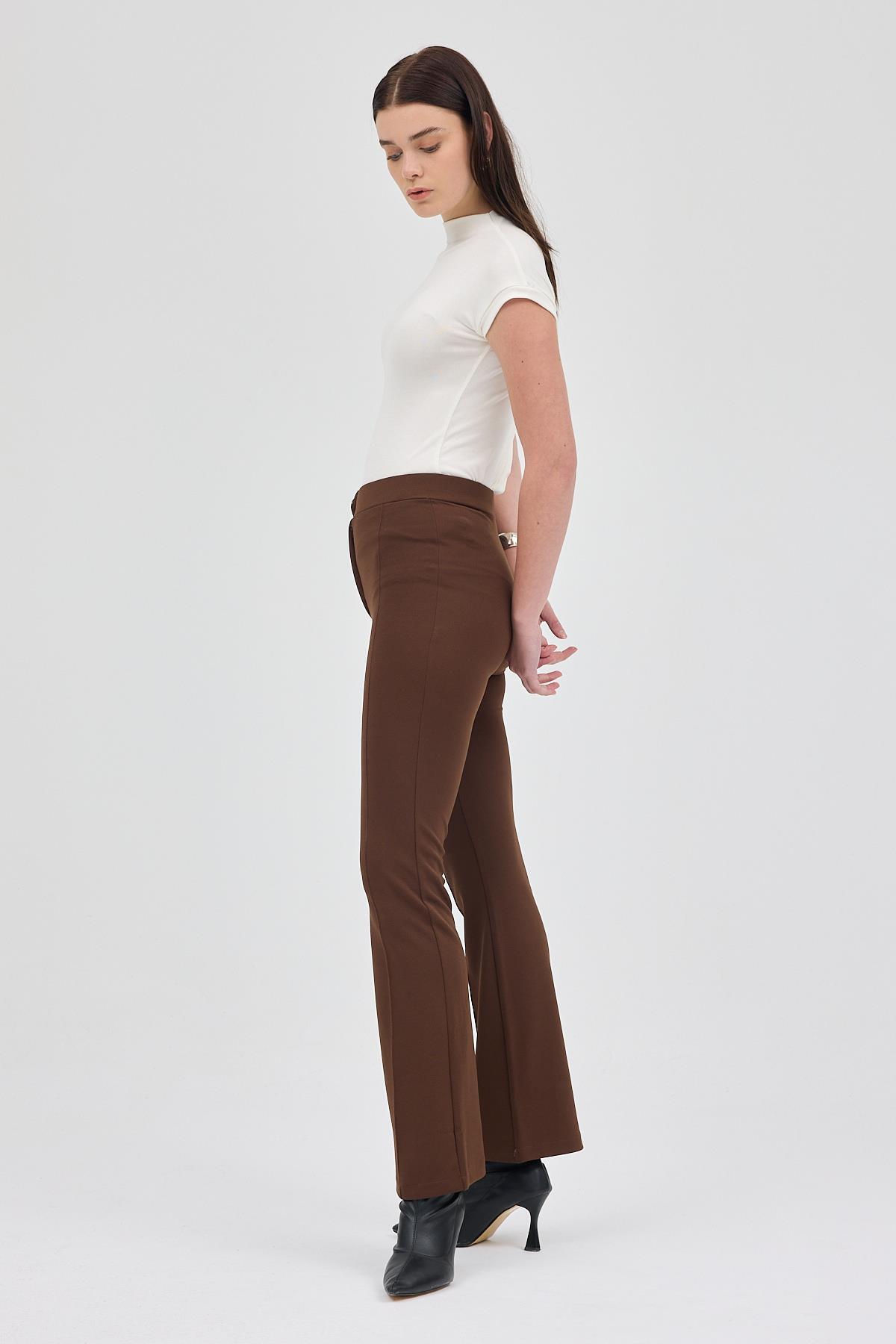Kahve Straight/Düz Kesim Yüksek Bel Nervür Dikişli Örme Pantolon TCR-6873A - 6