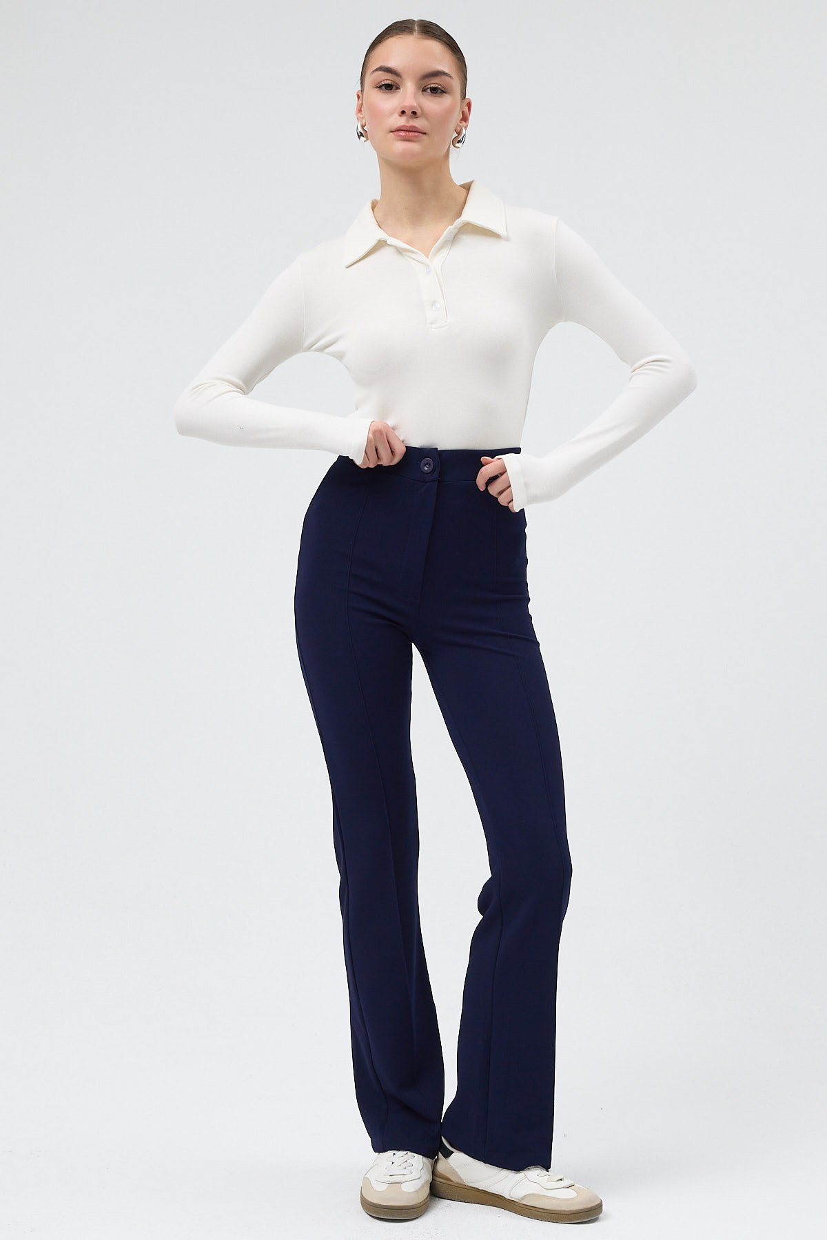 Laci Straight/Düz Kesim Yüksek Bel Nervür Dikişli Örme Pantolon TCR-6873A - 2