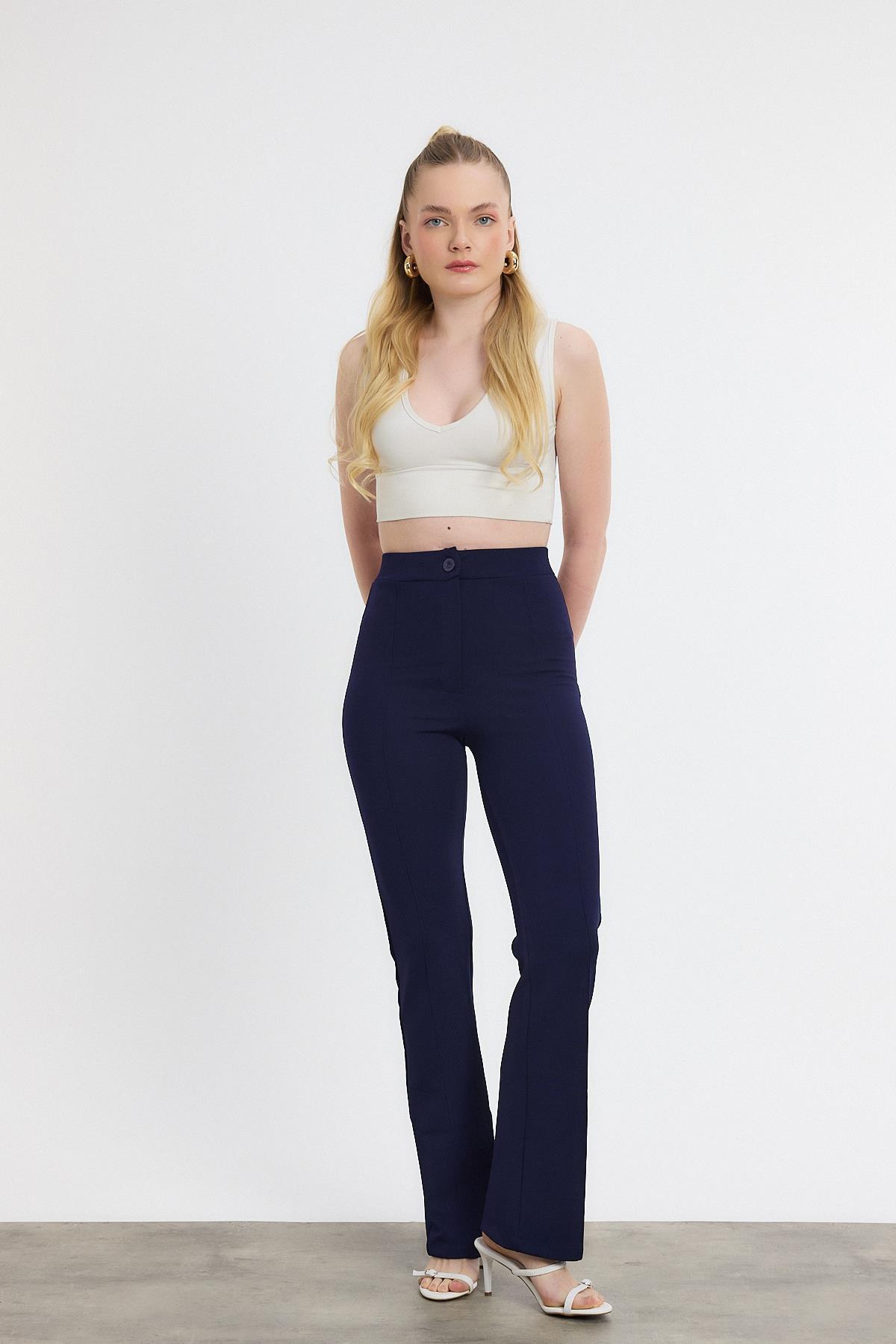 Straight/Düz Kesim Yüksek Bel Nervür Dikişli Örme Pantolon Laci 