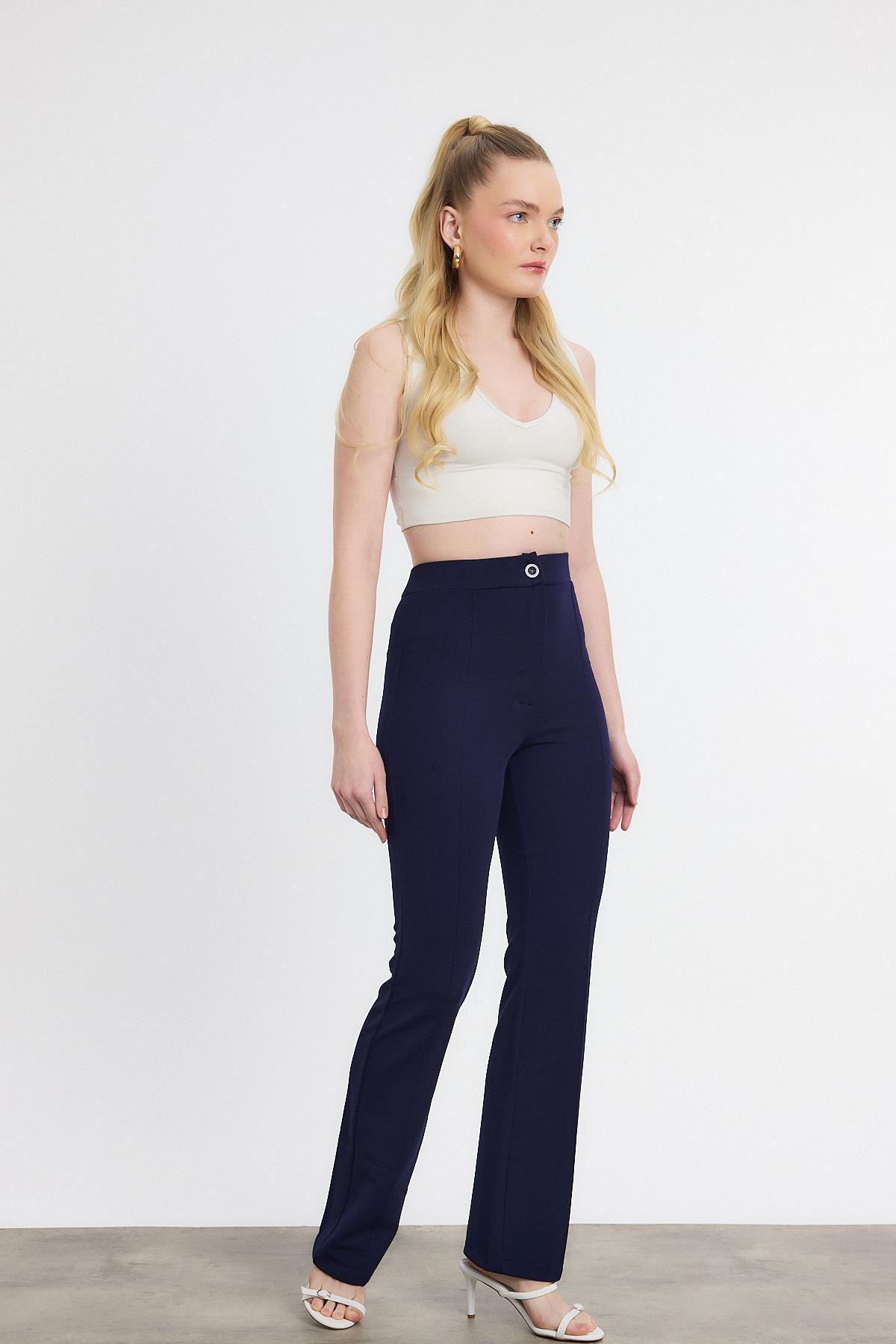 Straight/Düz Kesim Yüksek Bel Nervür Dikişli Örme Pantolon Laci - 2
