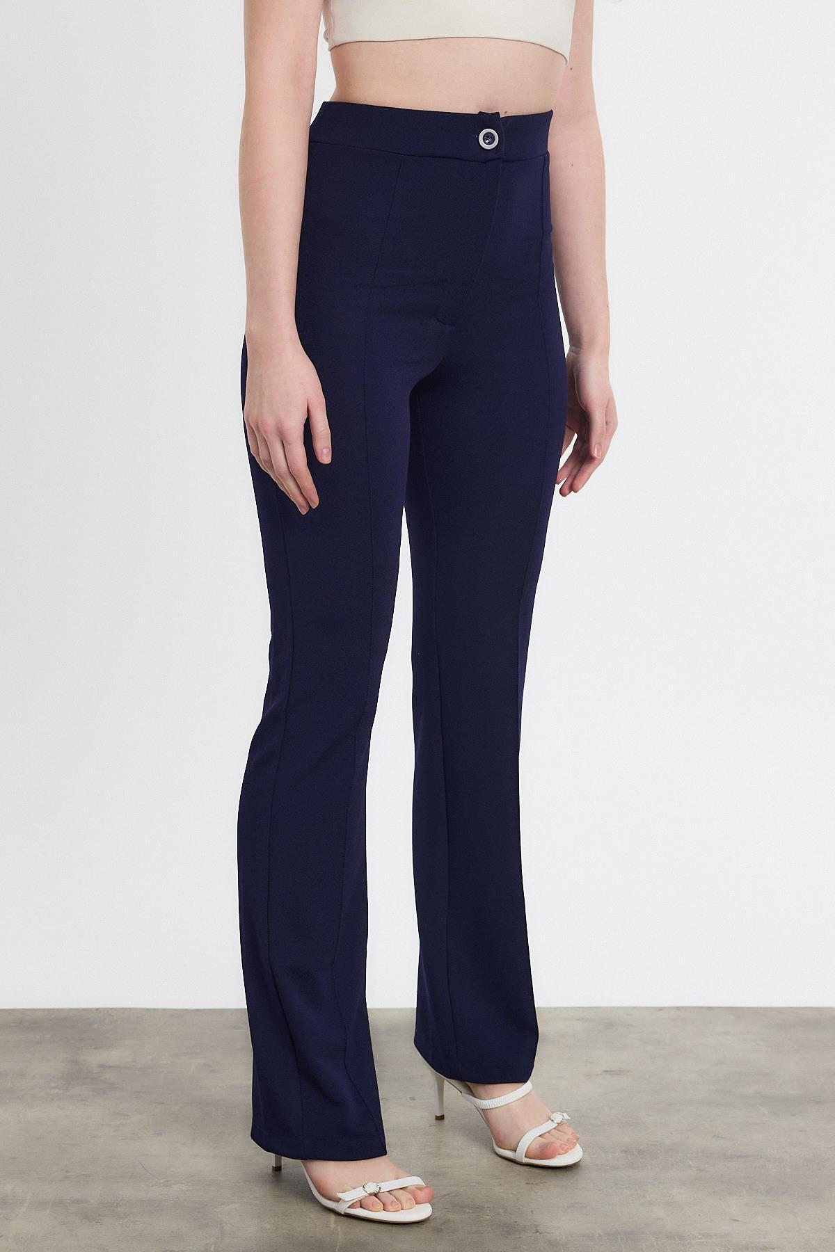 Straight/Düz Kesim Yüksek Bel Nervür Dikişli Örme Pantolon Laci - 3