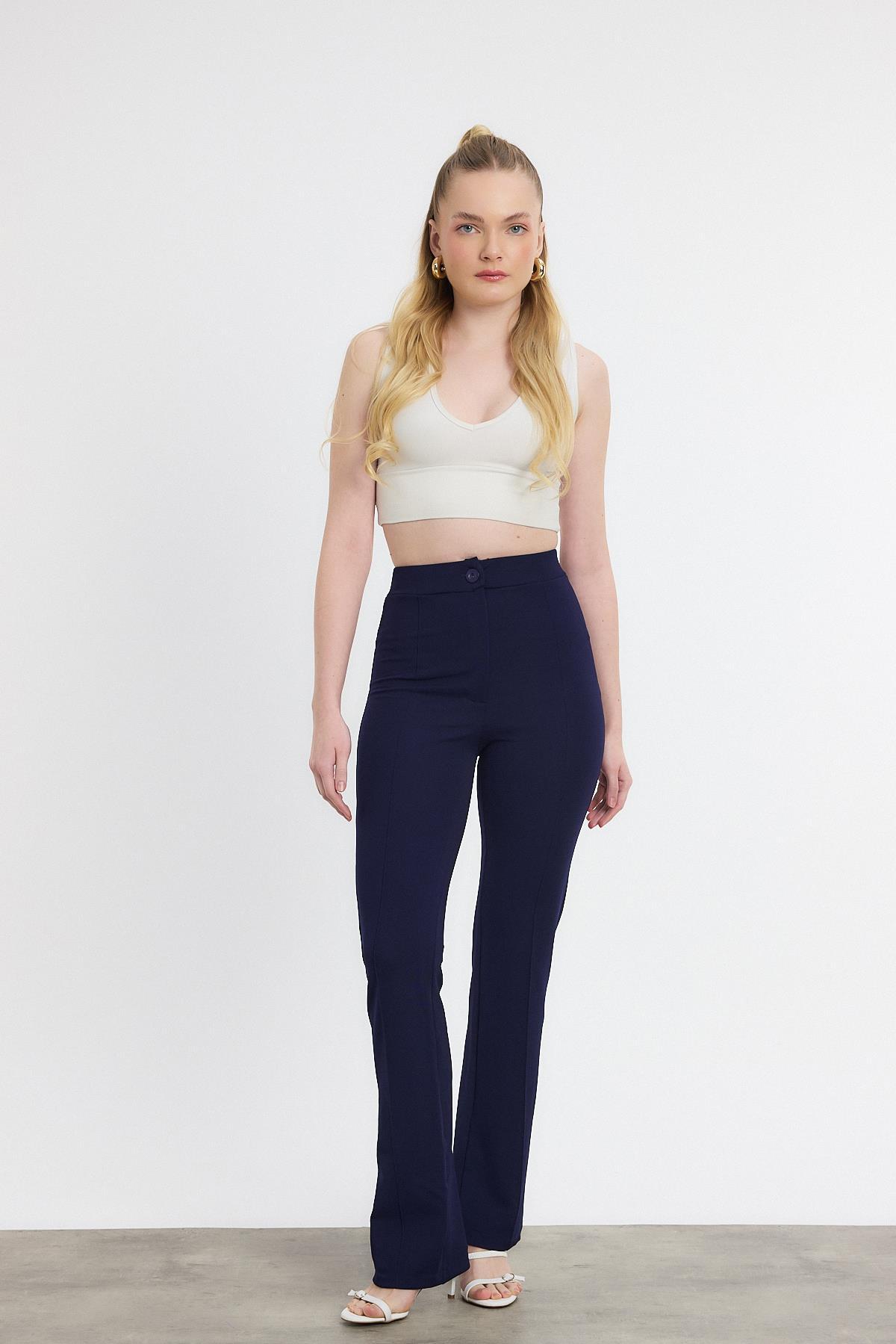 Straight/Düz Kesim Yüksek Bel Nervür Dikişli Örme Pantolon Laci - 6