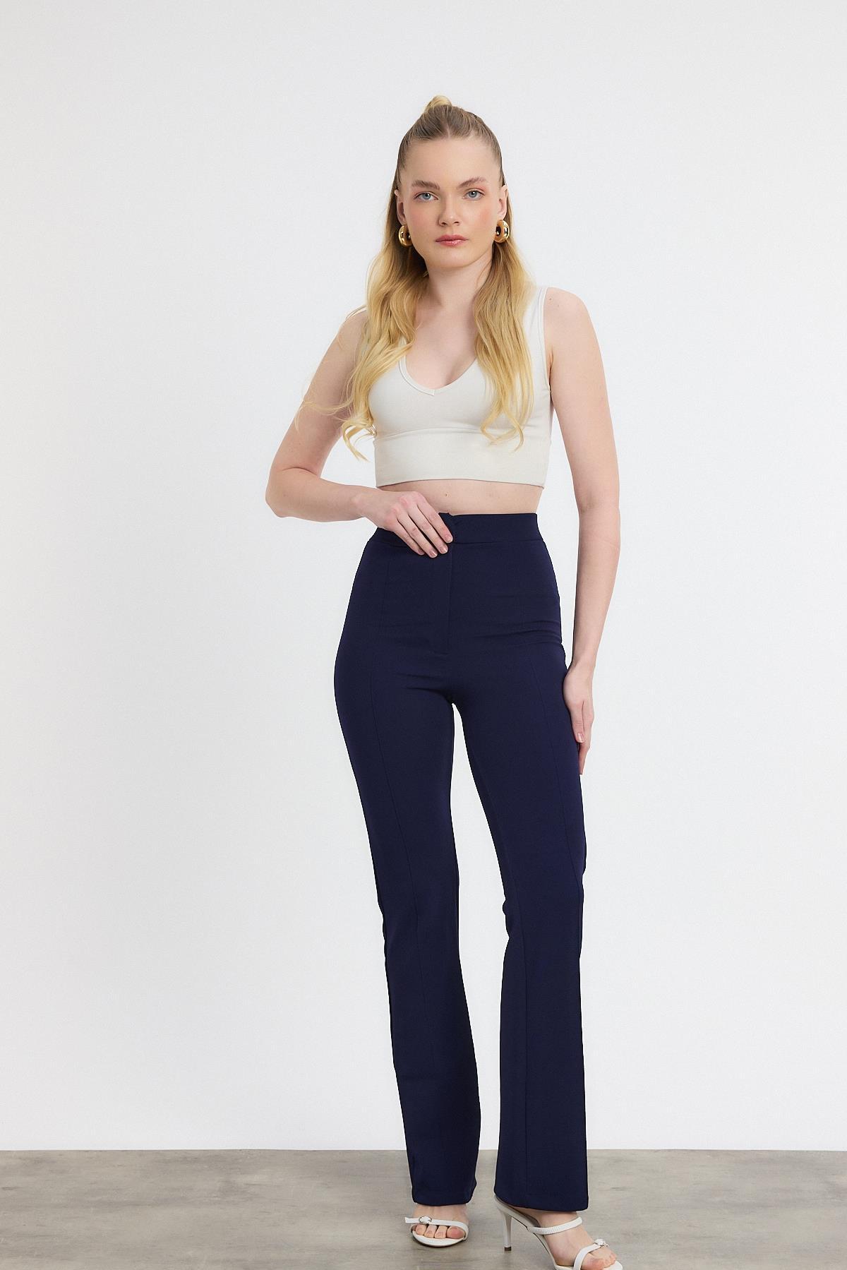 Straight/Düz Kesim Yüksek Bel Nervür Dikişli Örme Pantolon Laci - 7