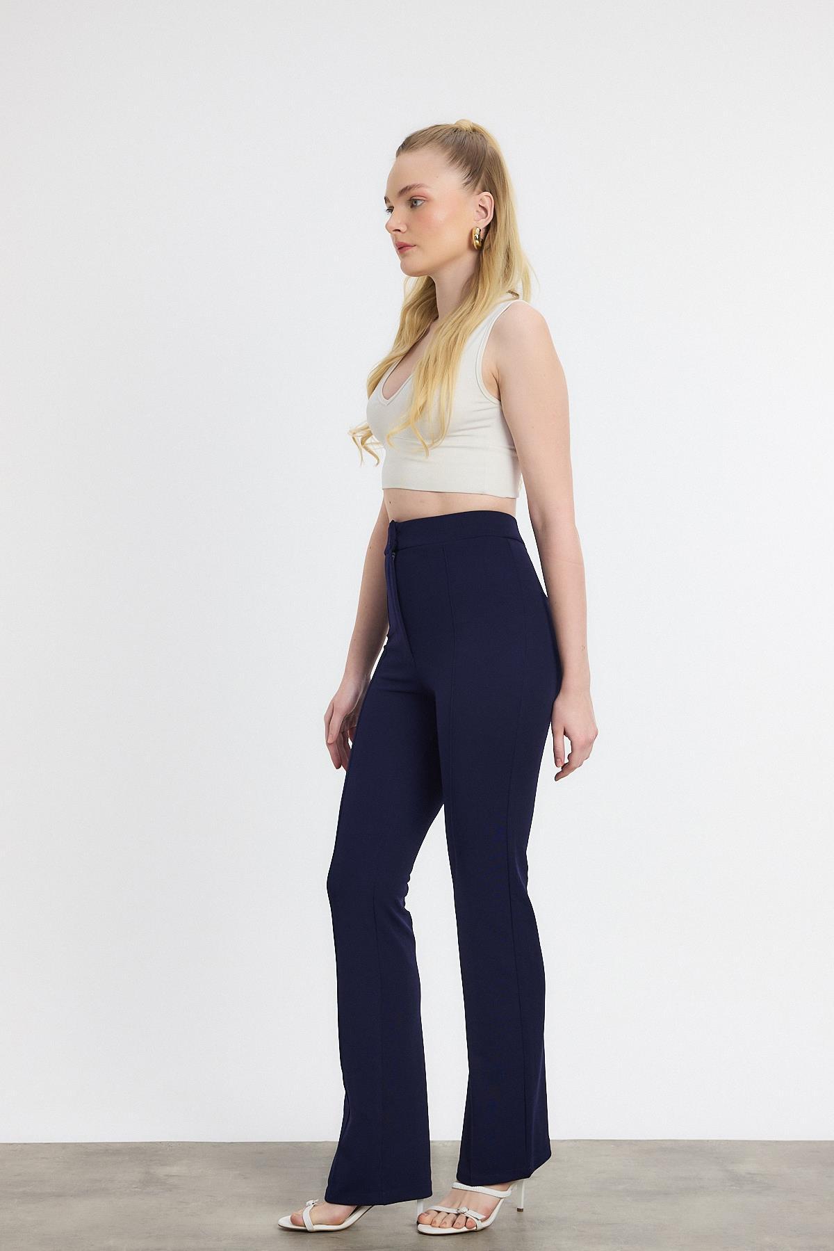 Straight/Düz Kesim Yüksek Bel Nervür Dikişli Örme Pantolon Laci - 8