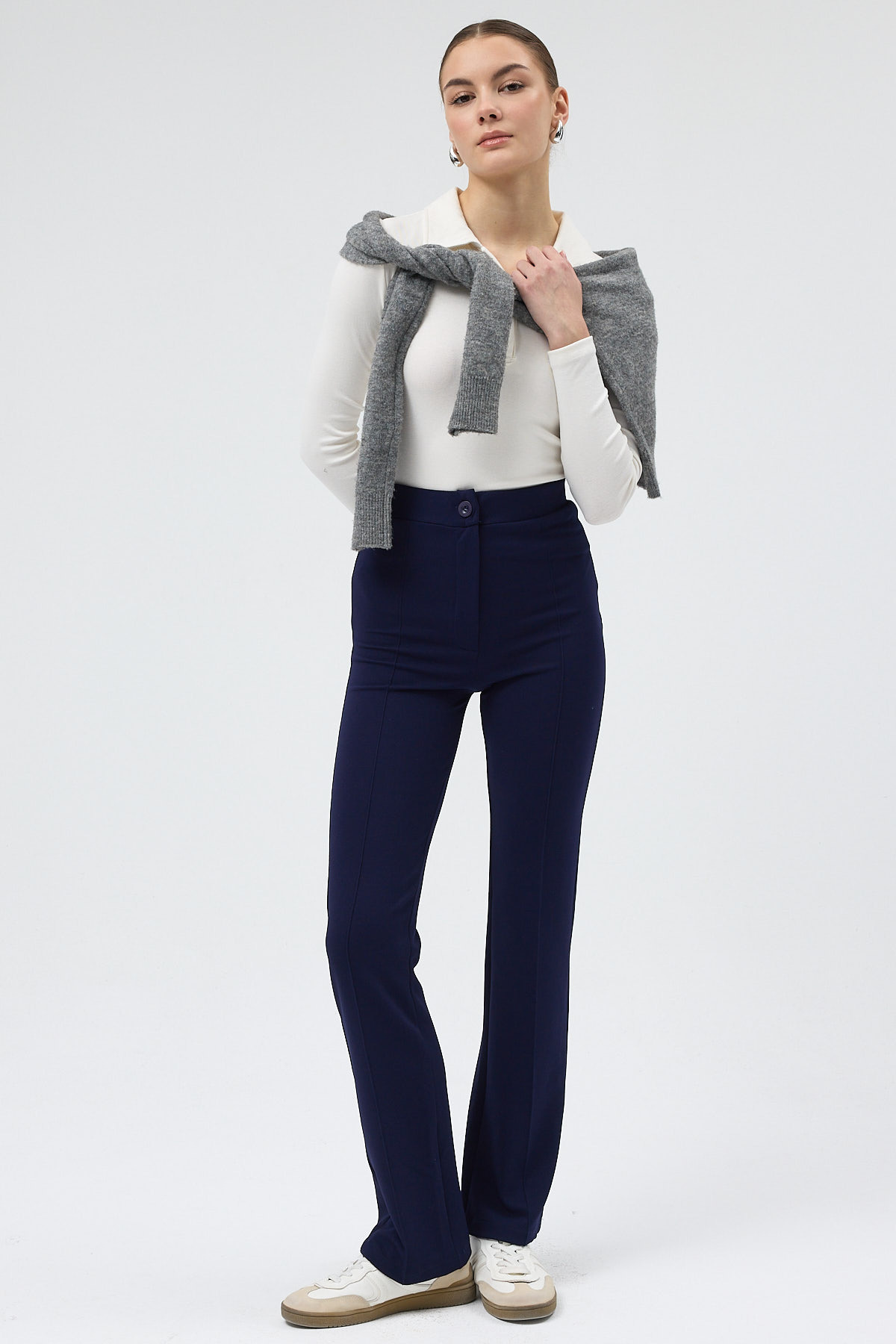 Laci Straight/Düz Kesim Yüksek Bel Nervür Dikişli Örme Pantolon TCR-6873A - 1