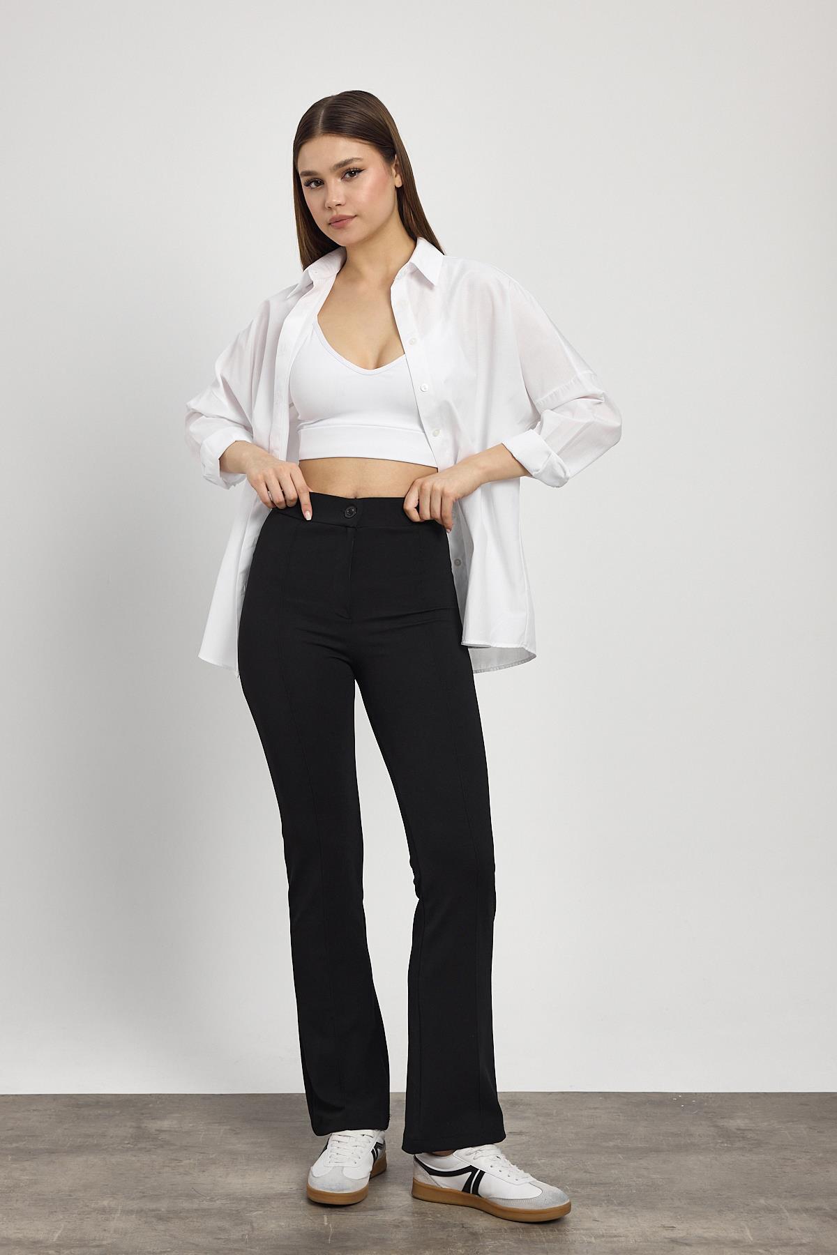 Straight/Düz Kesim Yüksek Bel Nervür Dikişli Örme Pantolon Siyah 