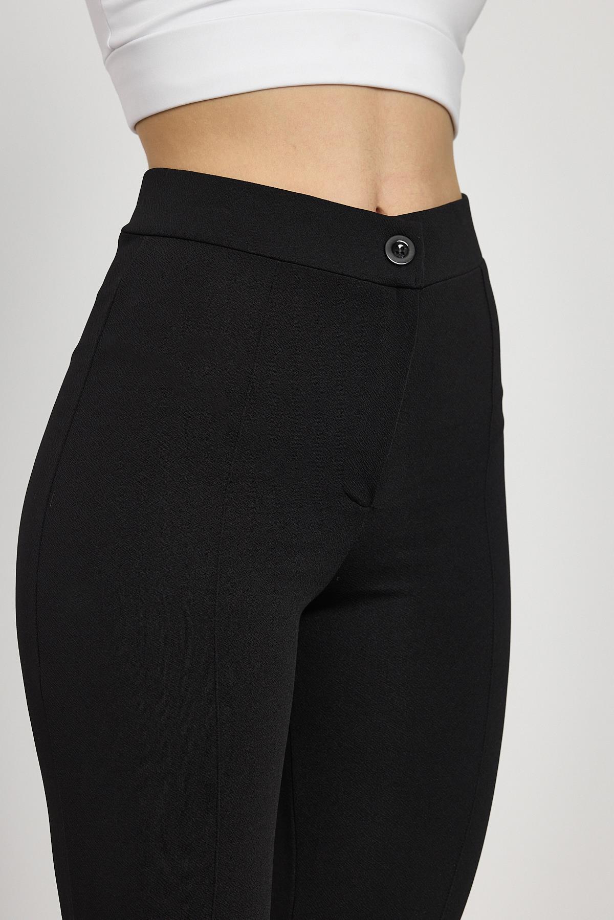 Straight/Düz Kesim Yüksek Bel Nervür Dikişli Örme Pantolon Siyah - 4