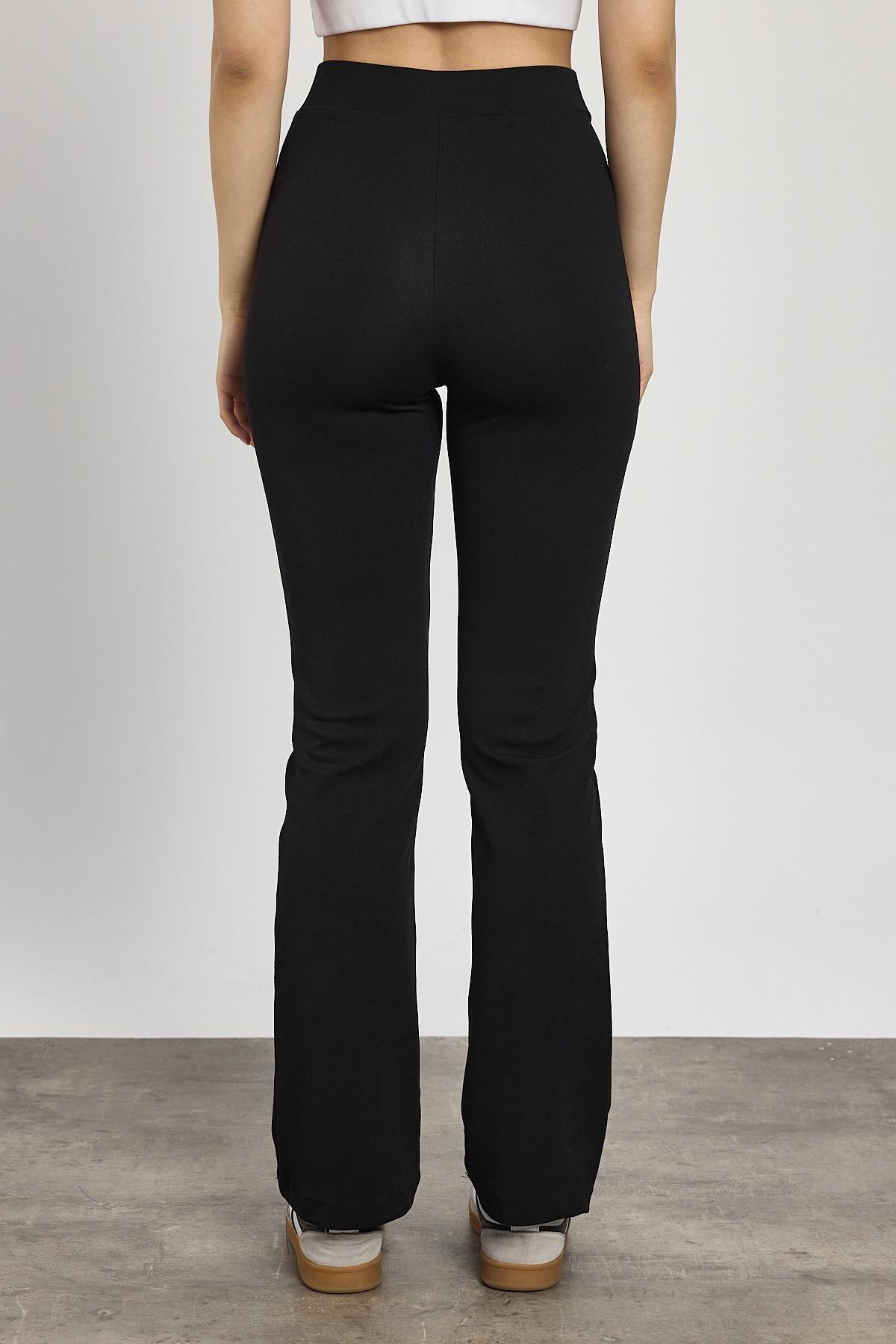 Straight/Düz Kesim Yüksek Bel Nervür Dikişli Örme Pantolon Siyah - 5