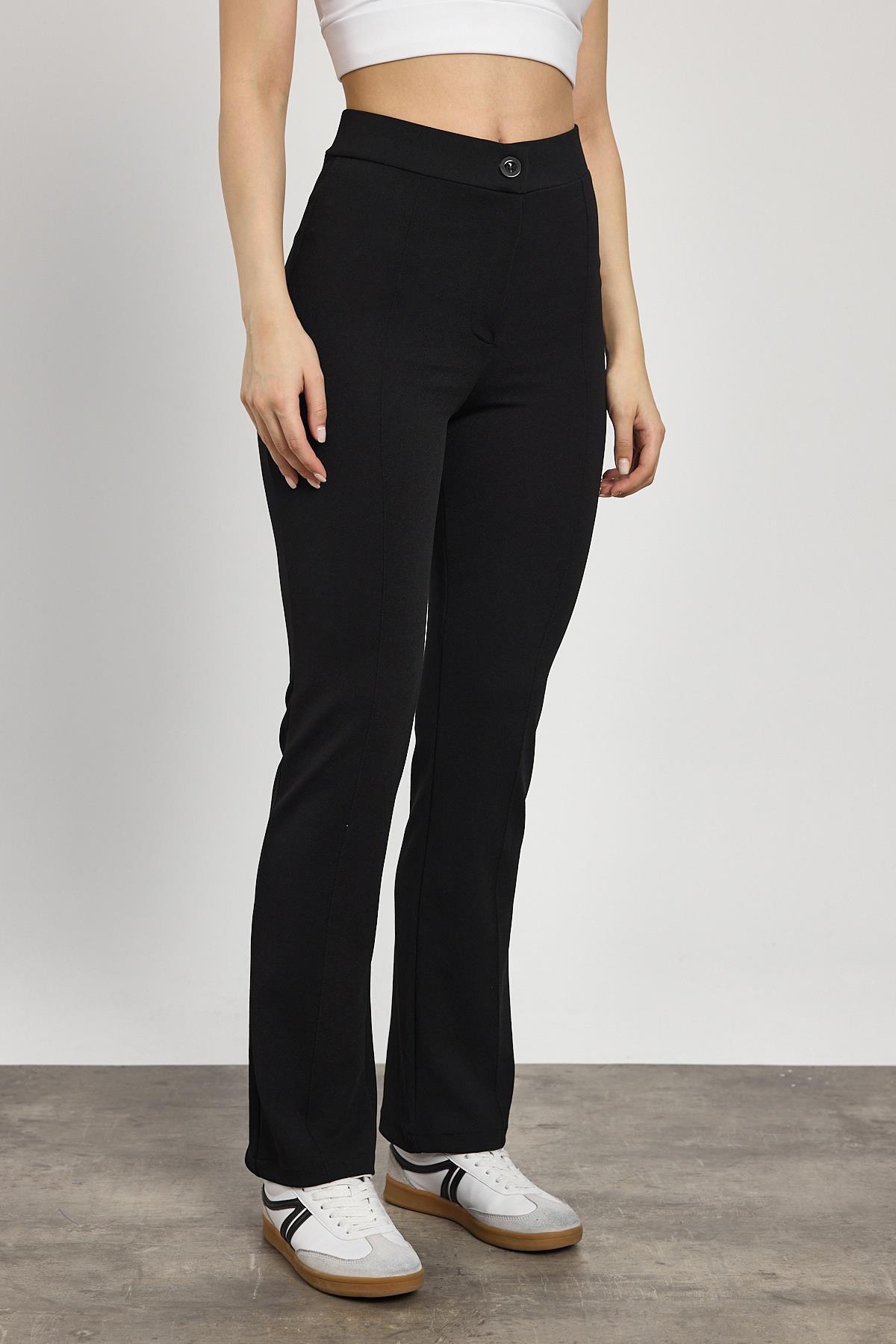 Straight/Düz Kesim Yüksek Bel Nervür Dikişli Örme Pantolon Siyah - 6
