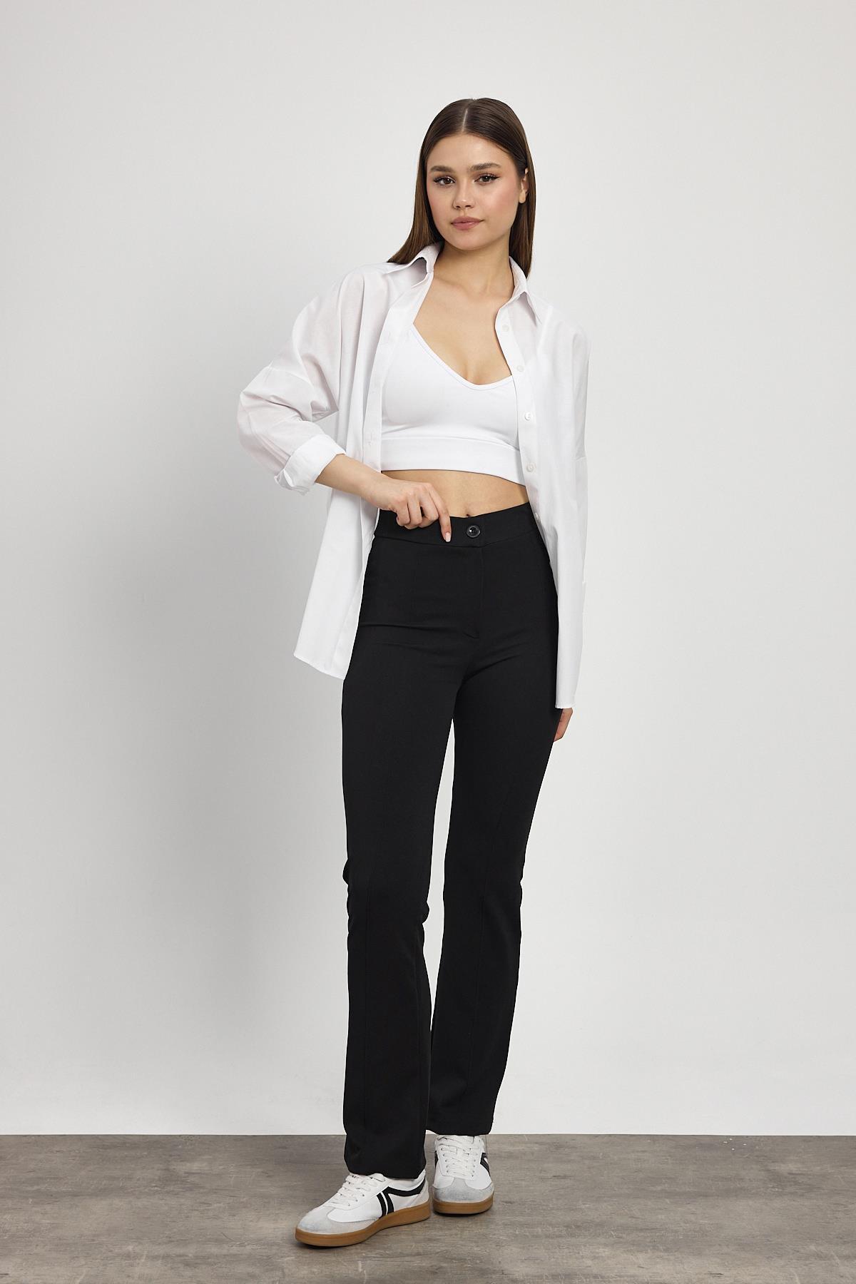 Straight/Düz Kesim Yüksek Bel Nervür Dikişli Örme Pantolon Siyah - 7