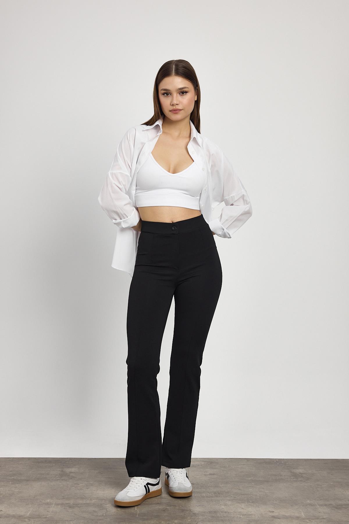 Straight/Düz Kesim Yüksek Bel Nervür Dikişli Örme Pantolon Siyah - 8