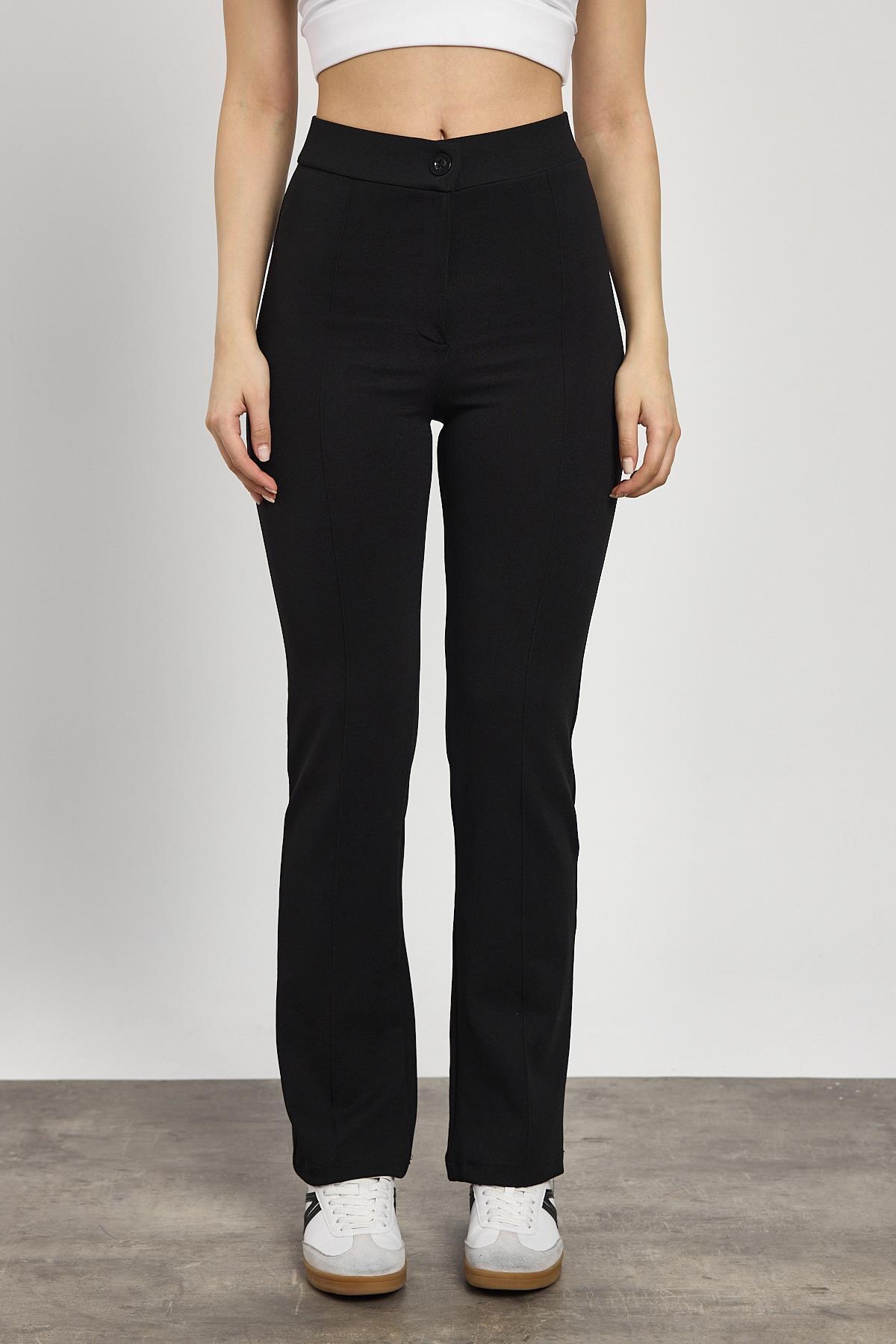 Siyah Straight/Düz Kesim Yüksek Bel Nervür Dikişli Örme Pantolon 6873 - 3