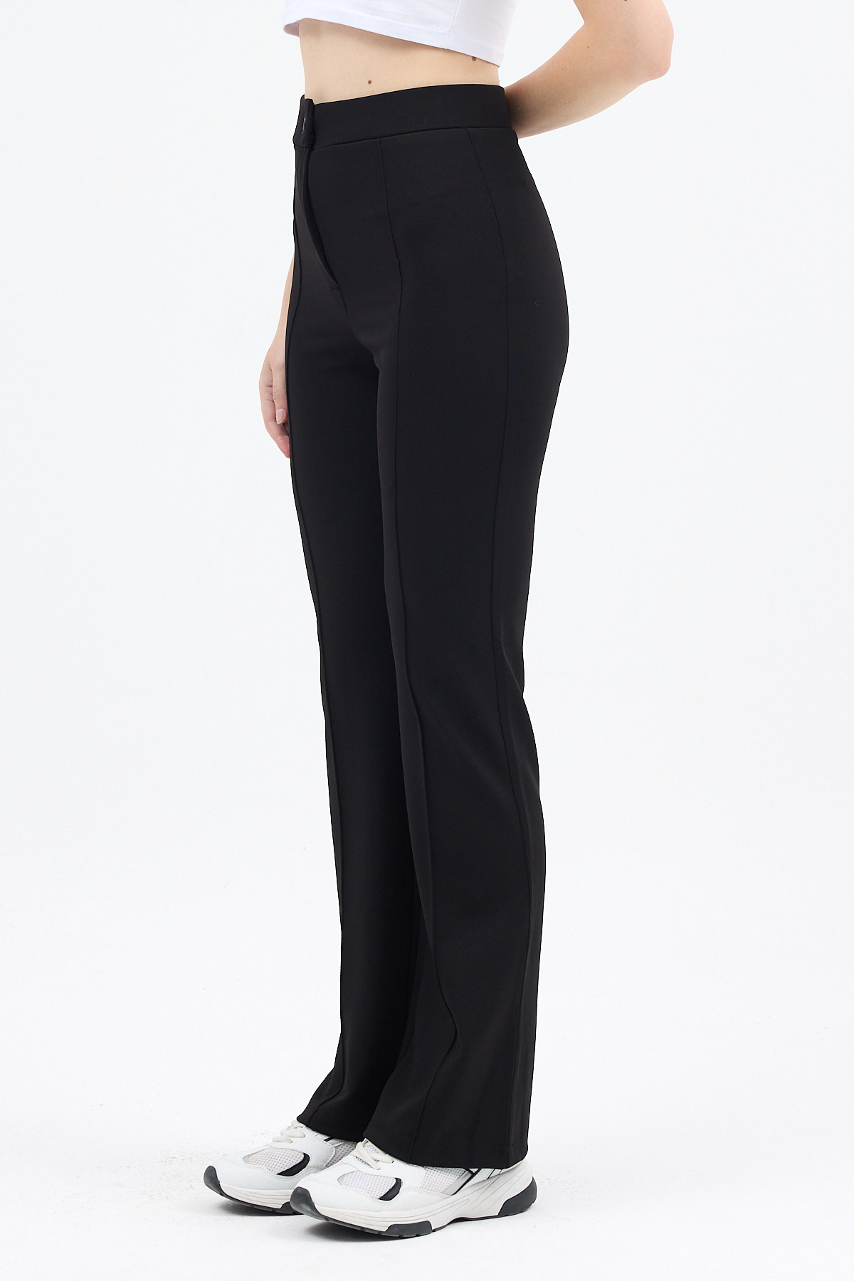 Siyah Straight/Düz Kesim Yüksek Bel Nervür Dikişli Örme Pantolon TCR-6873A - 3