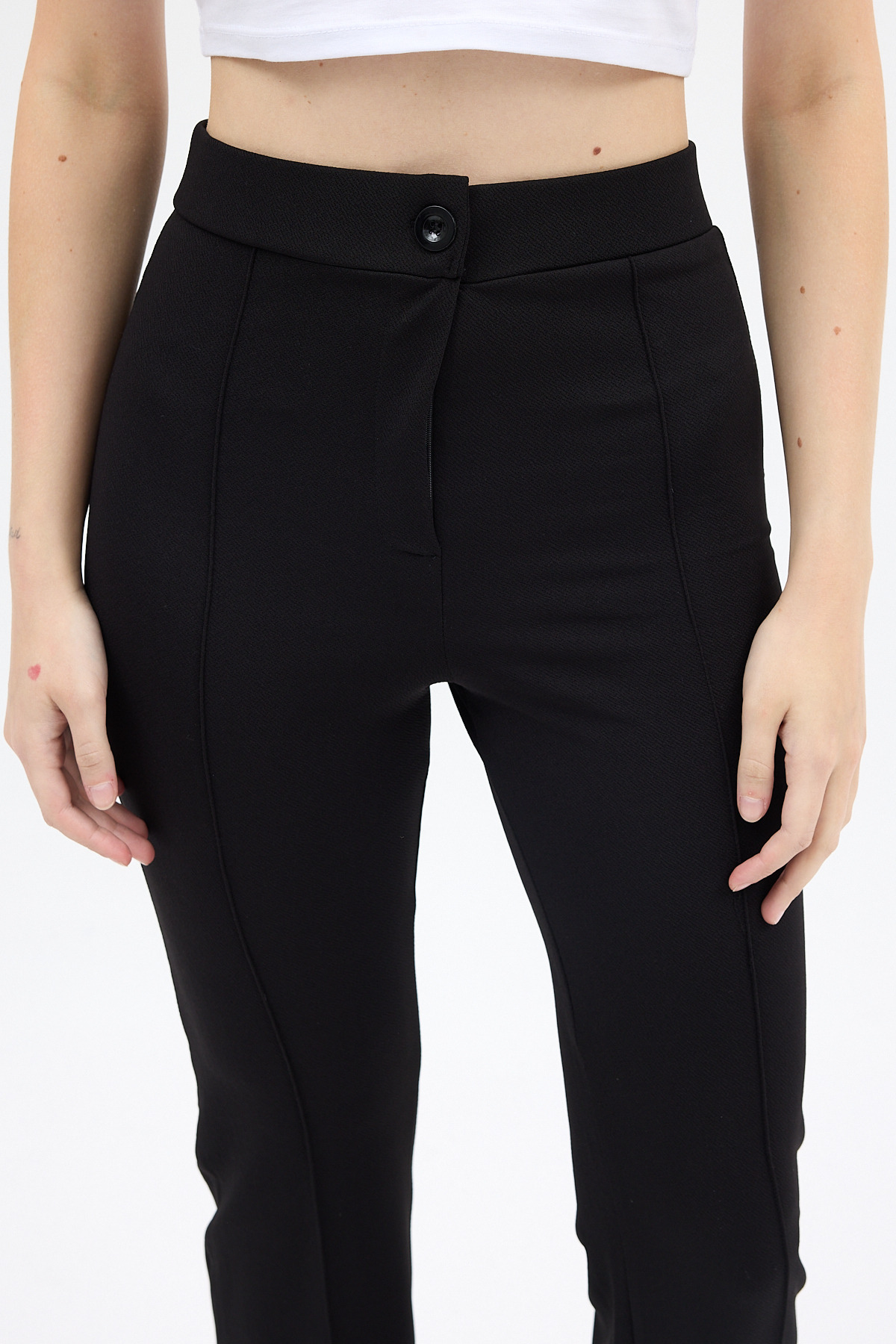 Siyah Straight/Düz Kesim Yüksek Bel Nervür Dikişli Örme Pantolon TCR-6873A - RAYS