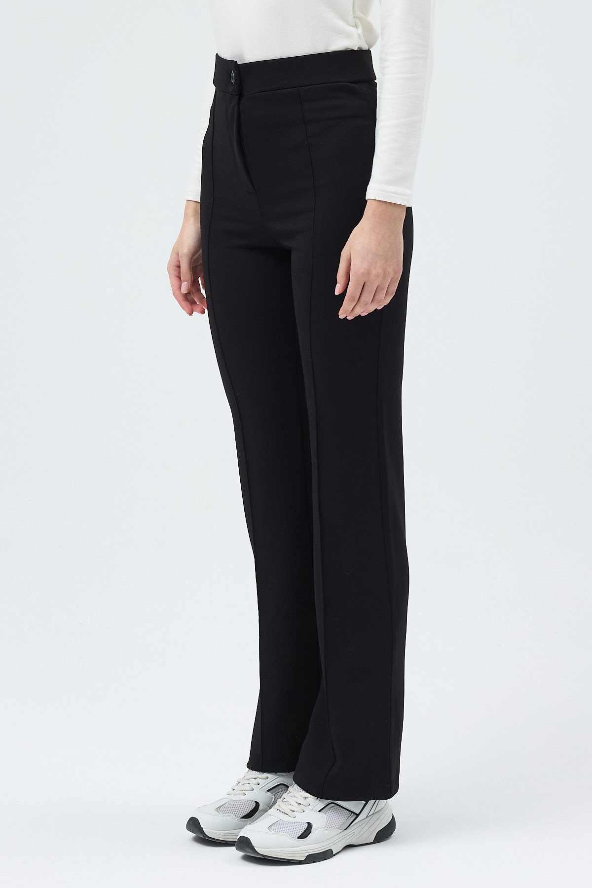 Siyah Straight/Düz Kesim Yüksek Bel Nervür Dikişli Örme Pantolon TCR-6873A - RAYS