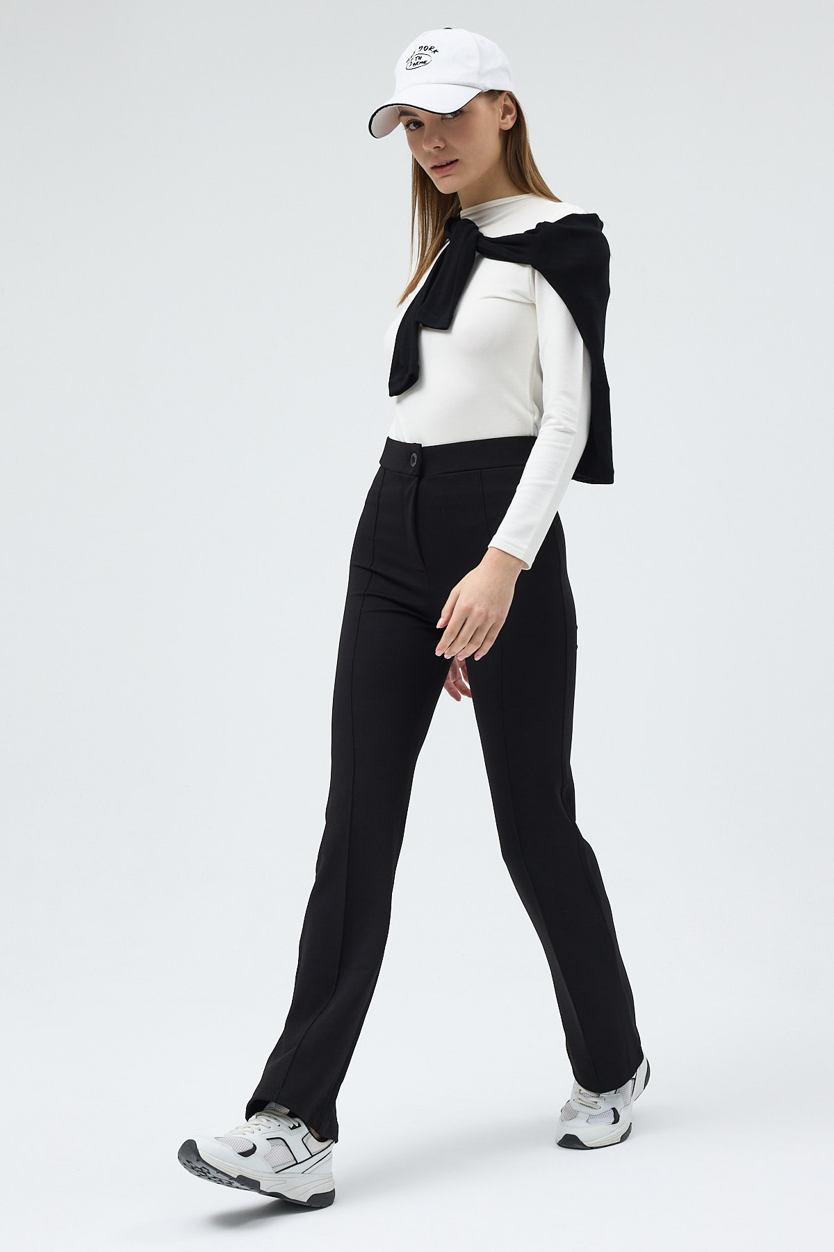 Siyah Straight/Düz Kesim Yüksek Bel Nervür Dikişli Örme Pantolon TCR-6873A 