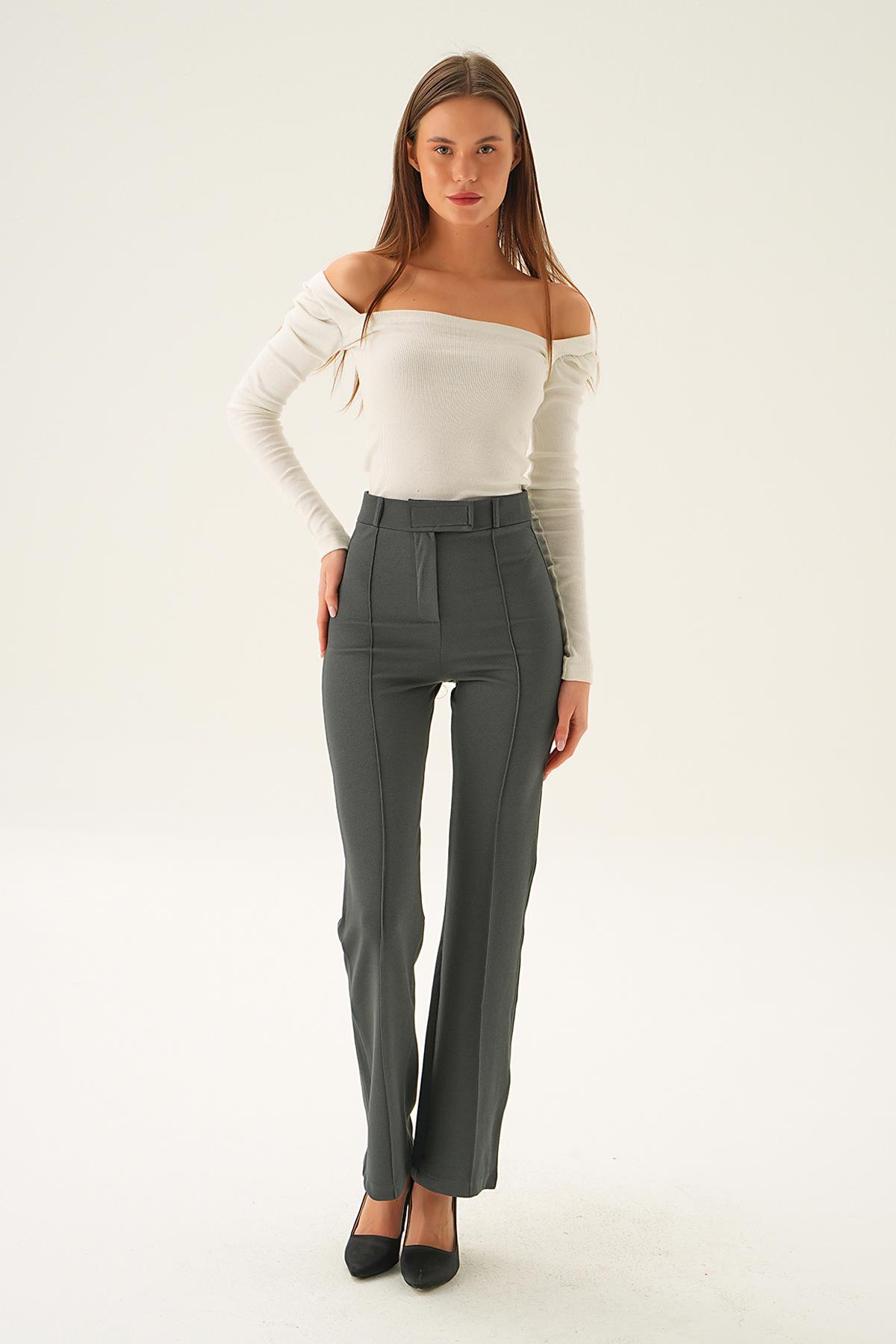 Füme Bel Detay Çımalı Pantolon 6874A - 1