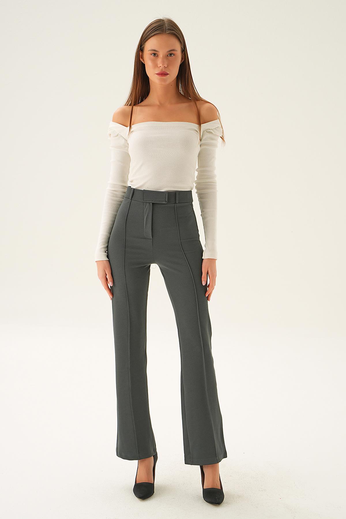 Füme Bel Detay Çımalı Pantolon 6874A - 6