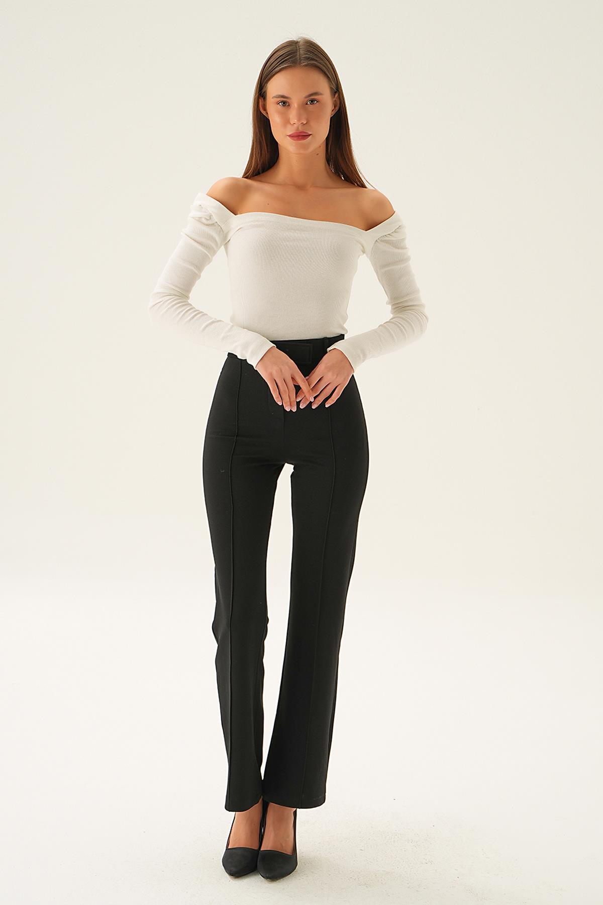 Siyah Bel Detay Çımalı Pantolon 6874A - 6