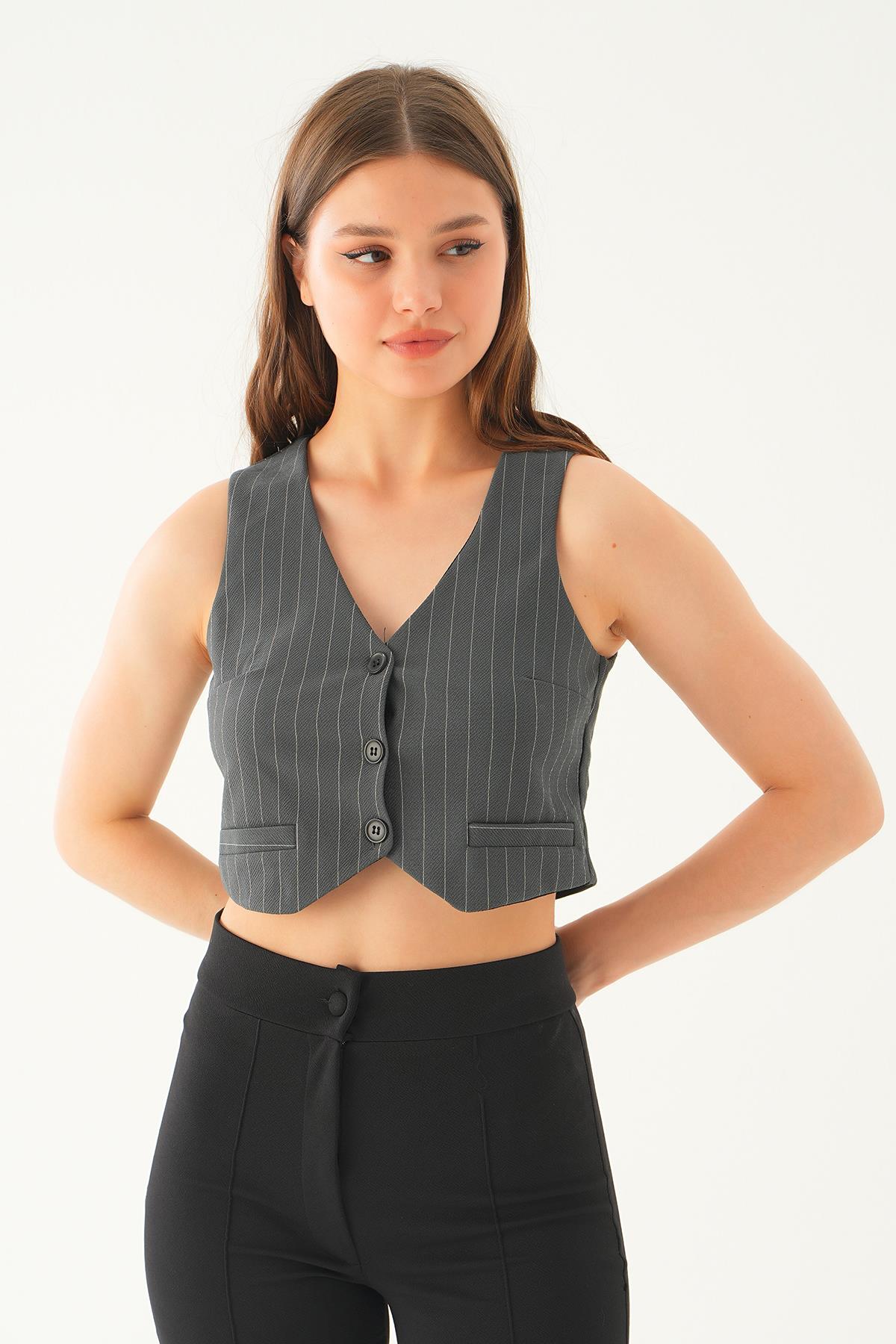Füme Düğme Detay Çizgili Yelek 6879A - 2