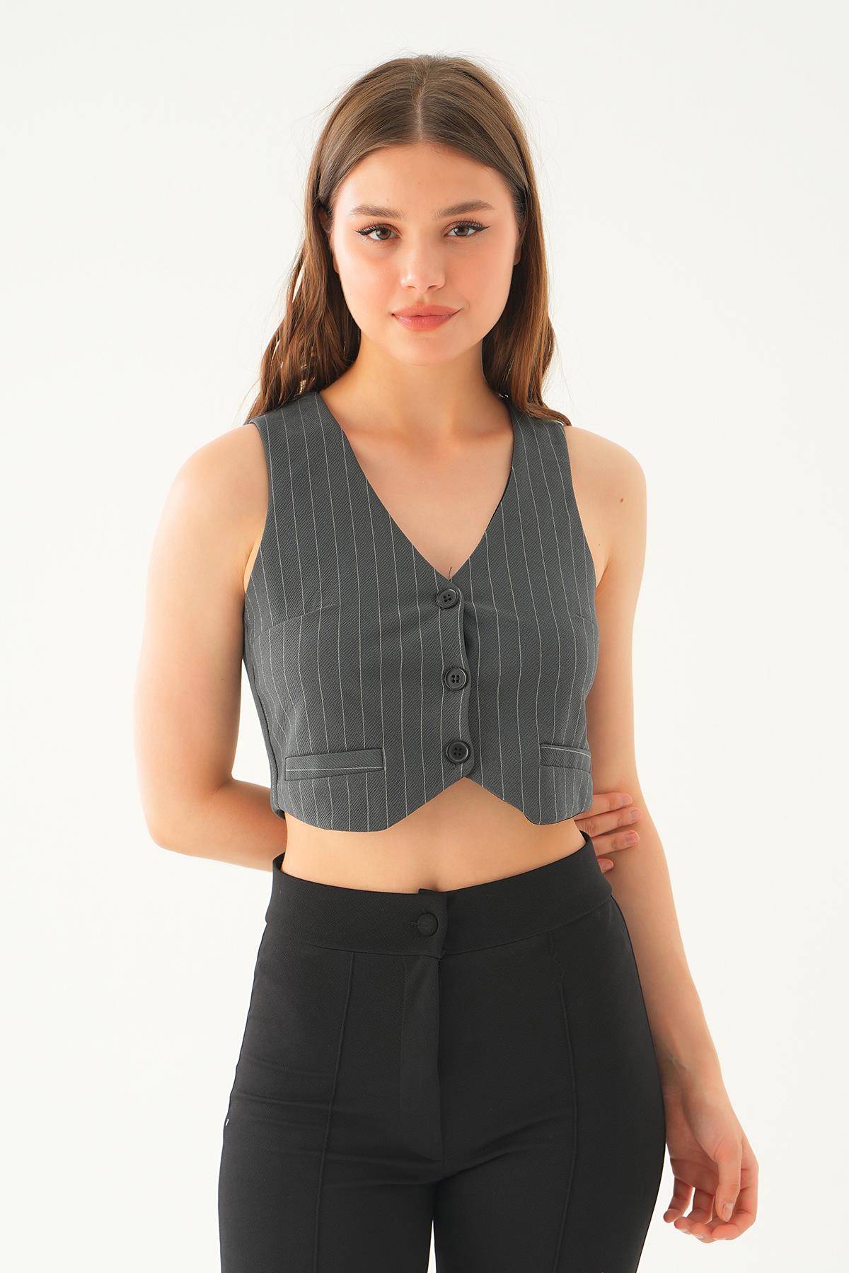 Füme Düğme Detay Çizgili Yelek 6879A - 3