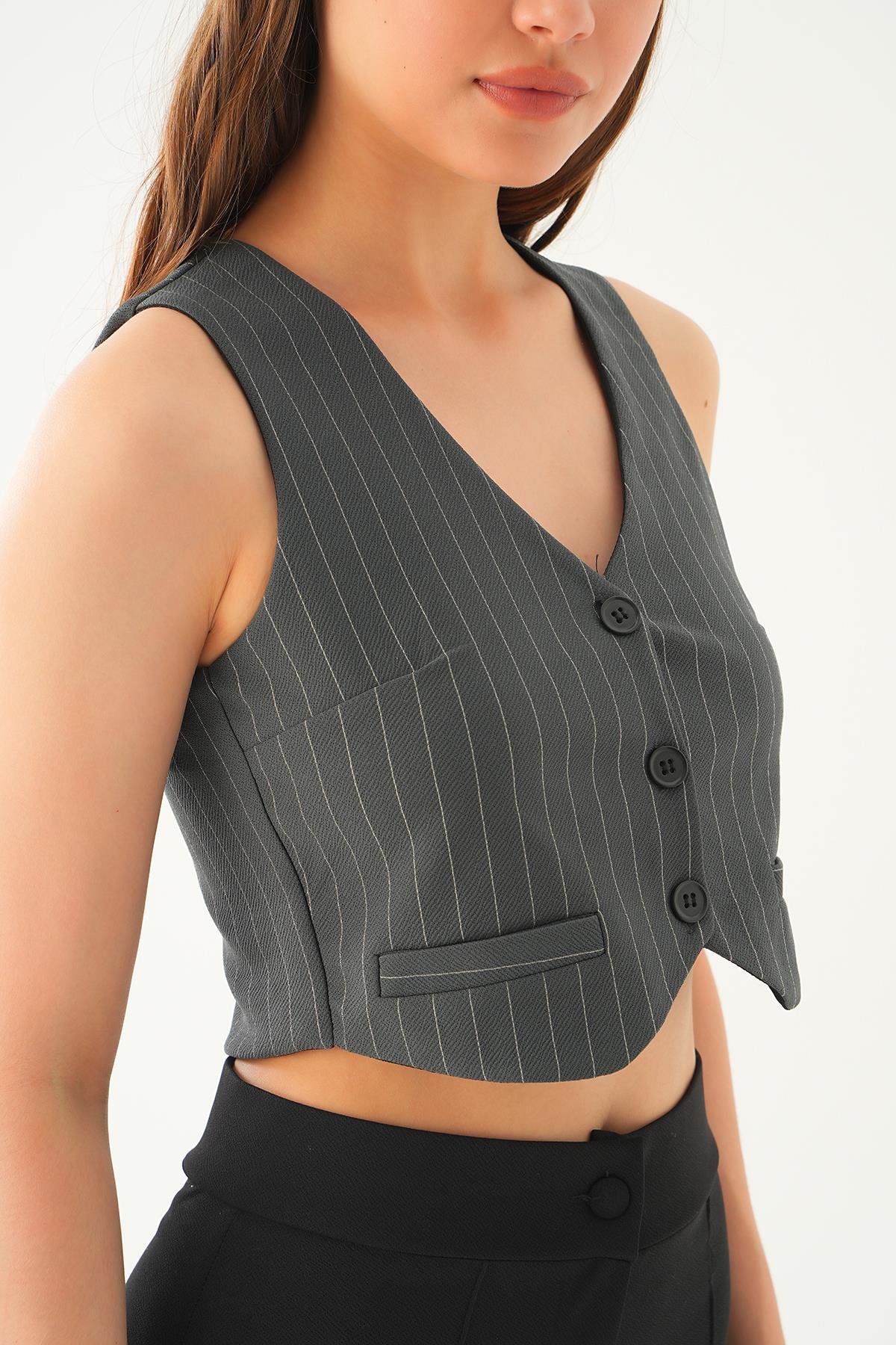 Füme Düğme Detay Çizgili Yelek 6879A - 5