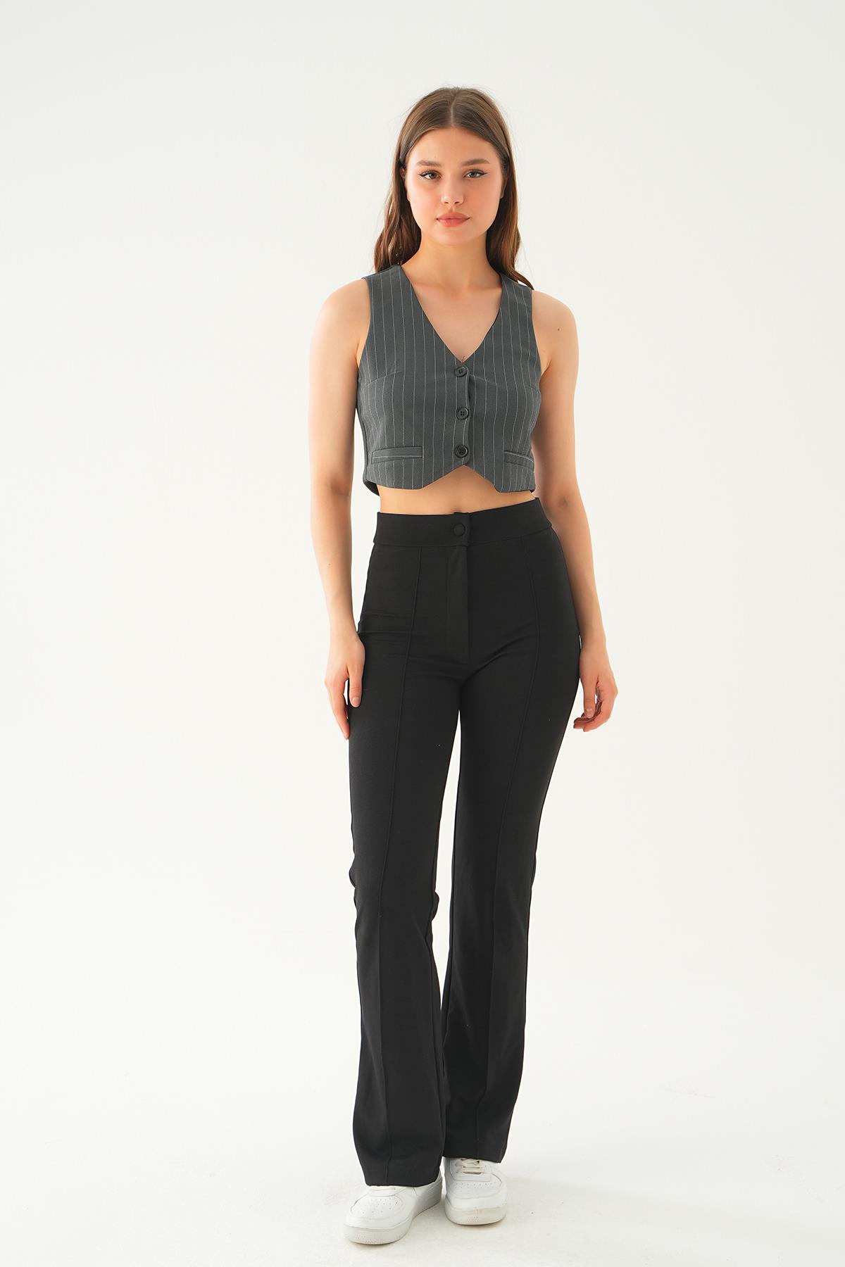 Füme Düğme Detay Çizgili Yelek 6879A - 6