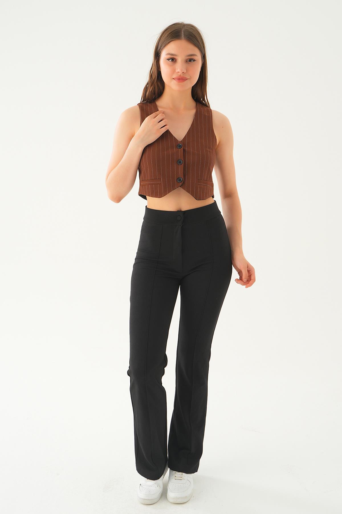 Kahve Düğme Detay Çizgili Yelek 6879A - 1