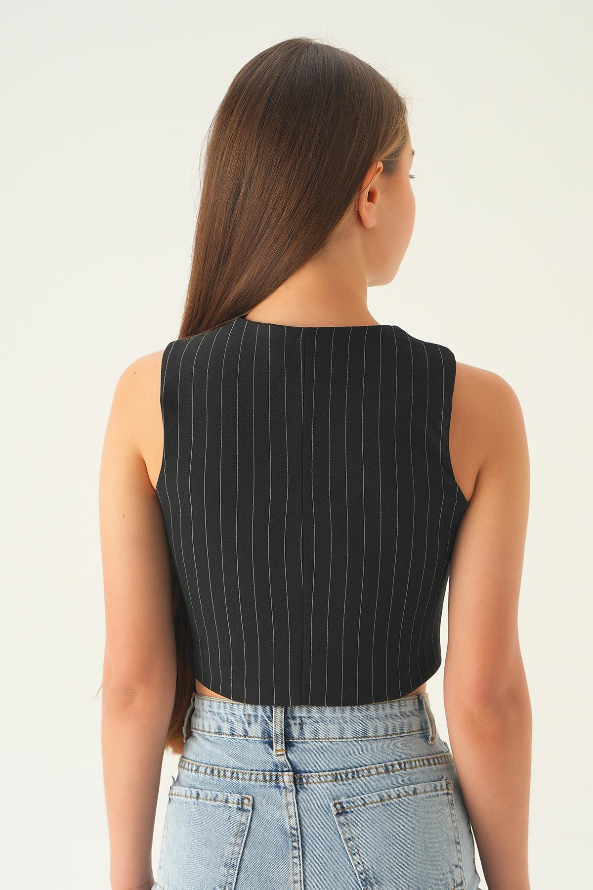 Siyah Düğme Detay Çizgili Yelek 6879A - 5