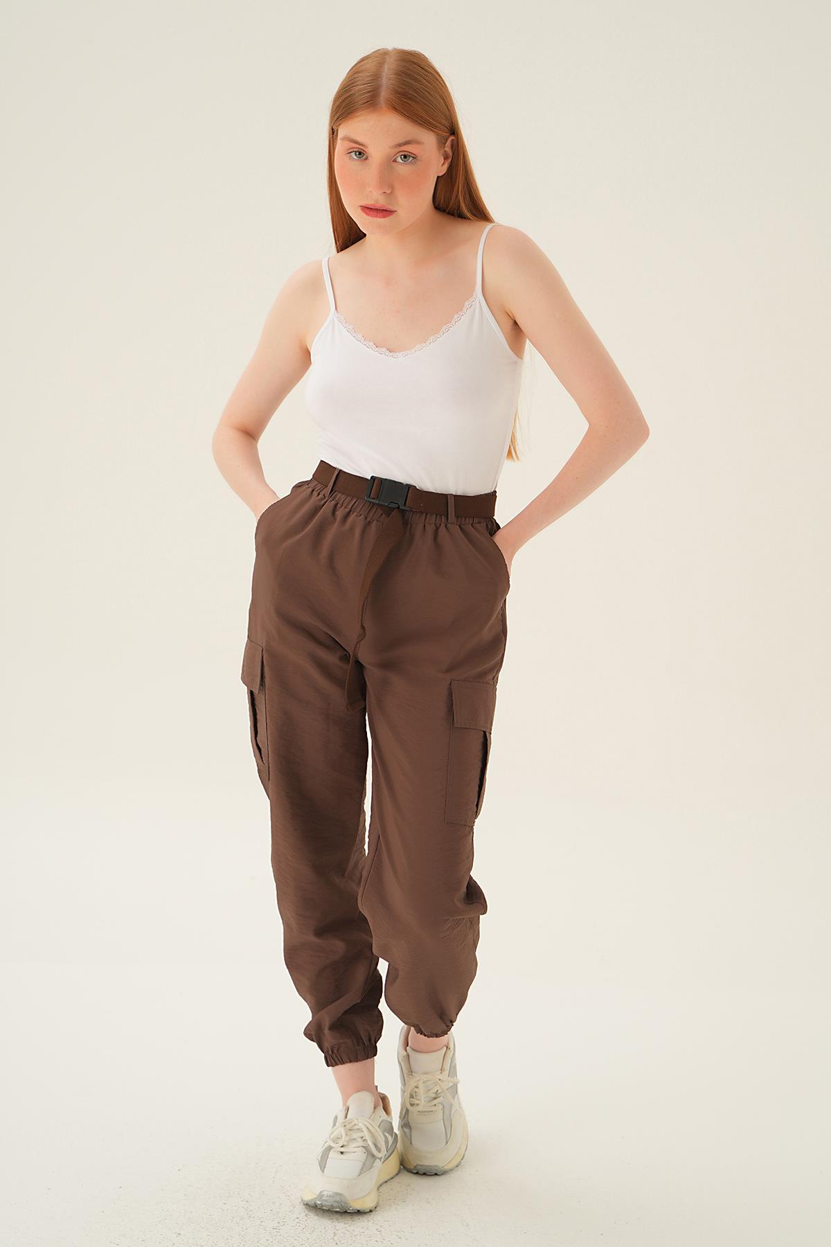 Acı Kahve Kemerli Paraşüt Pantolon 6888A - 6