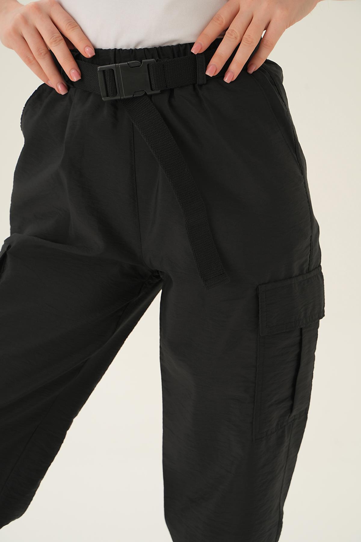 Siyah Kemerli Paraşüt Pantolon 6888A - 5