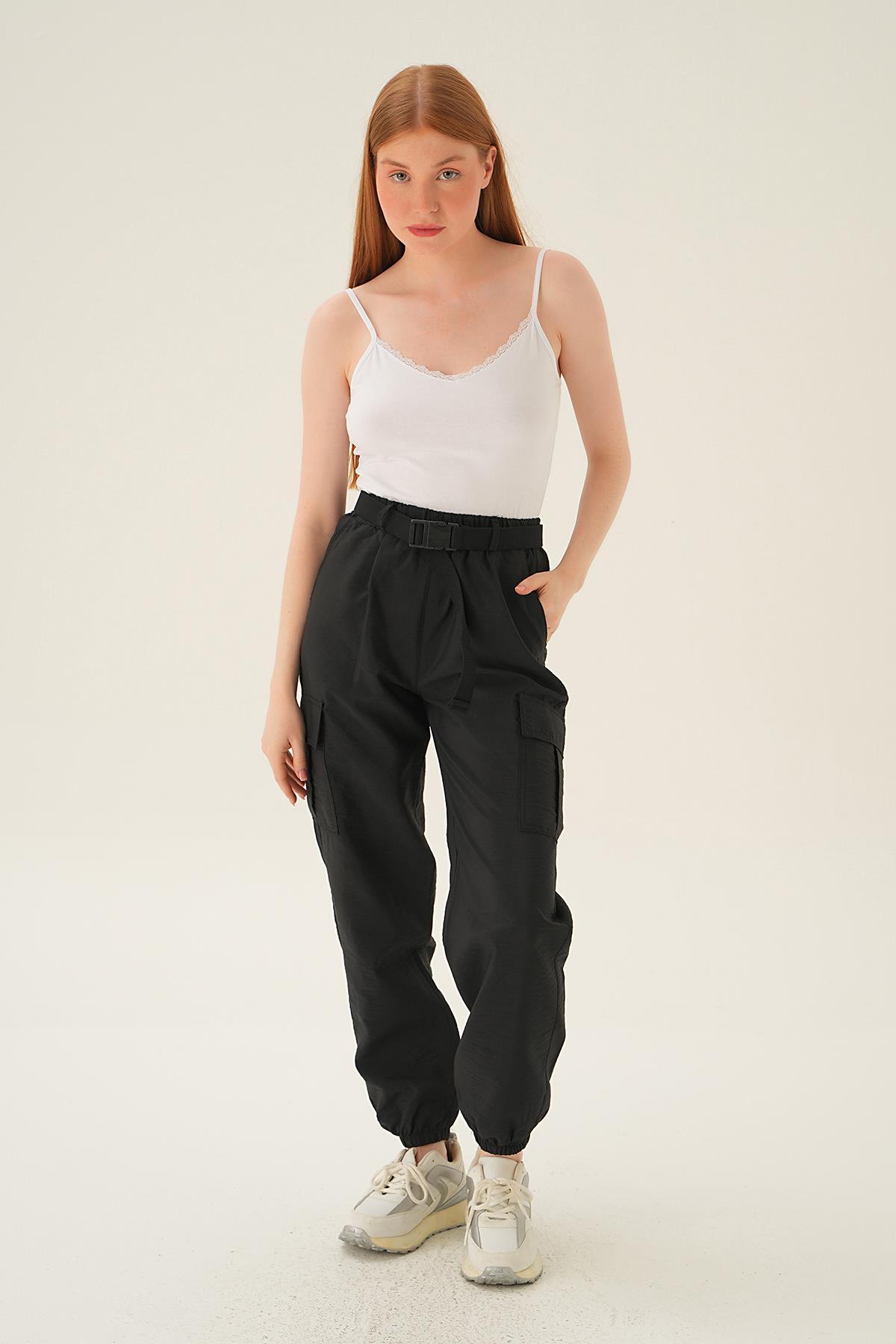 Siyah Kemerli Paraşüt Pantolon 6888A - 6