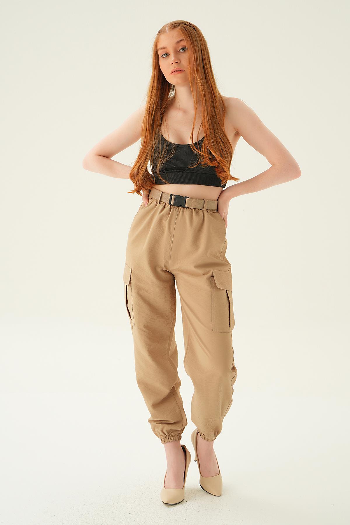 6888A Kemerli Paraşüt Pantolon Vizon - 6