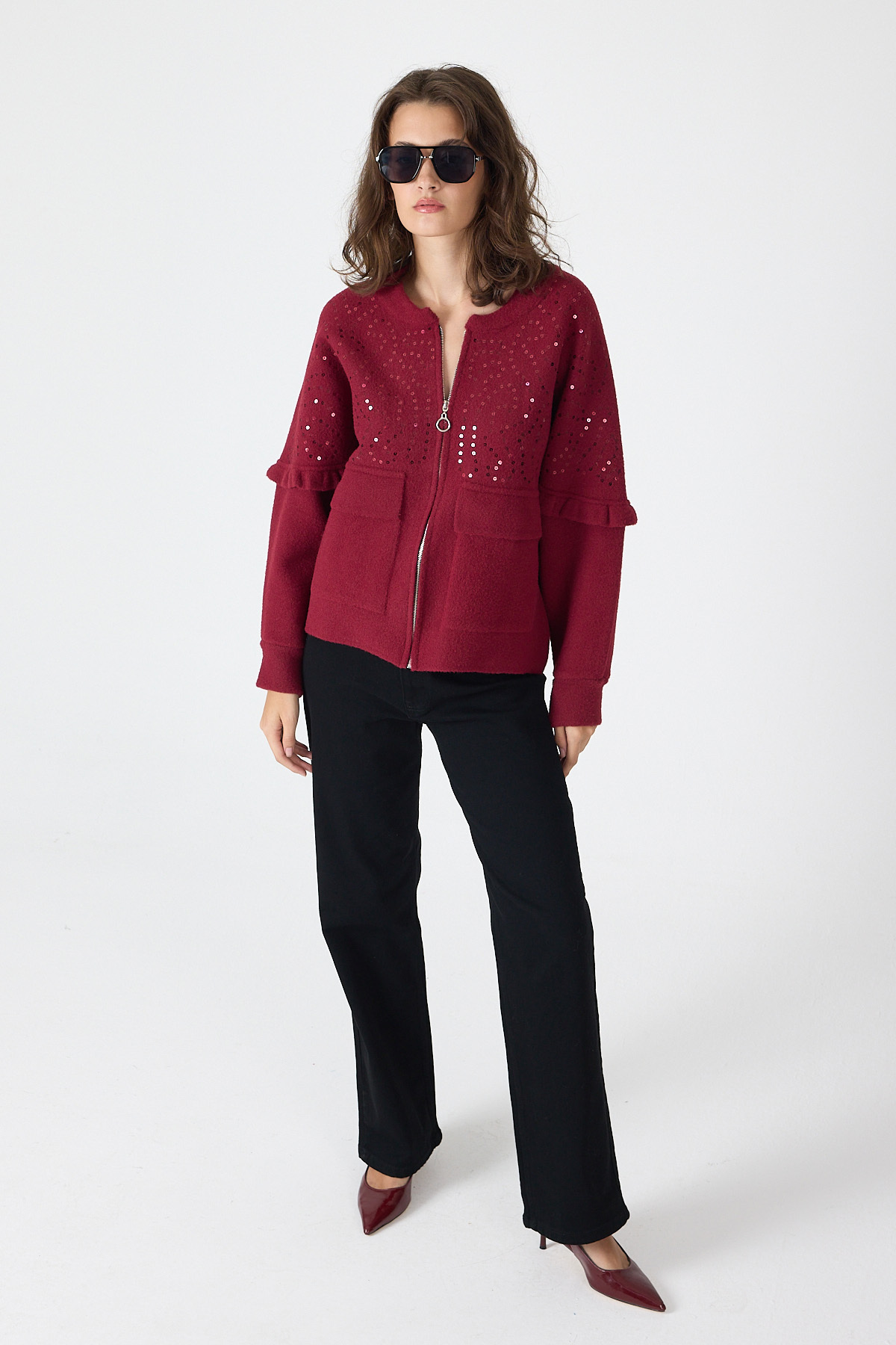 Bordo Pul İşlemeli Cepli Fermuarlı Kadın Hırka 2447 - RAYS