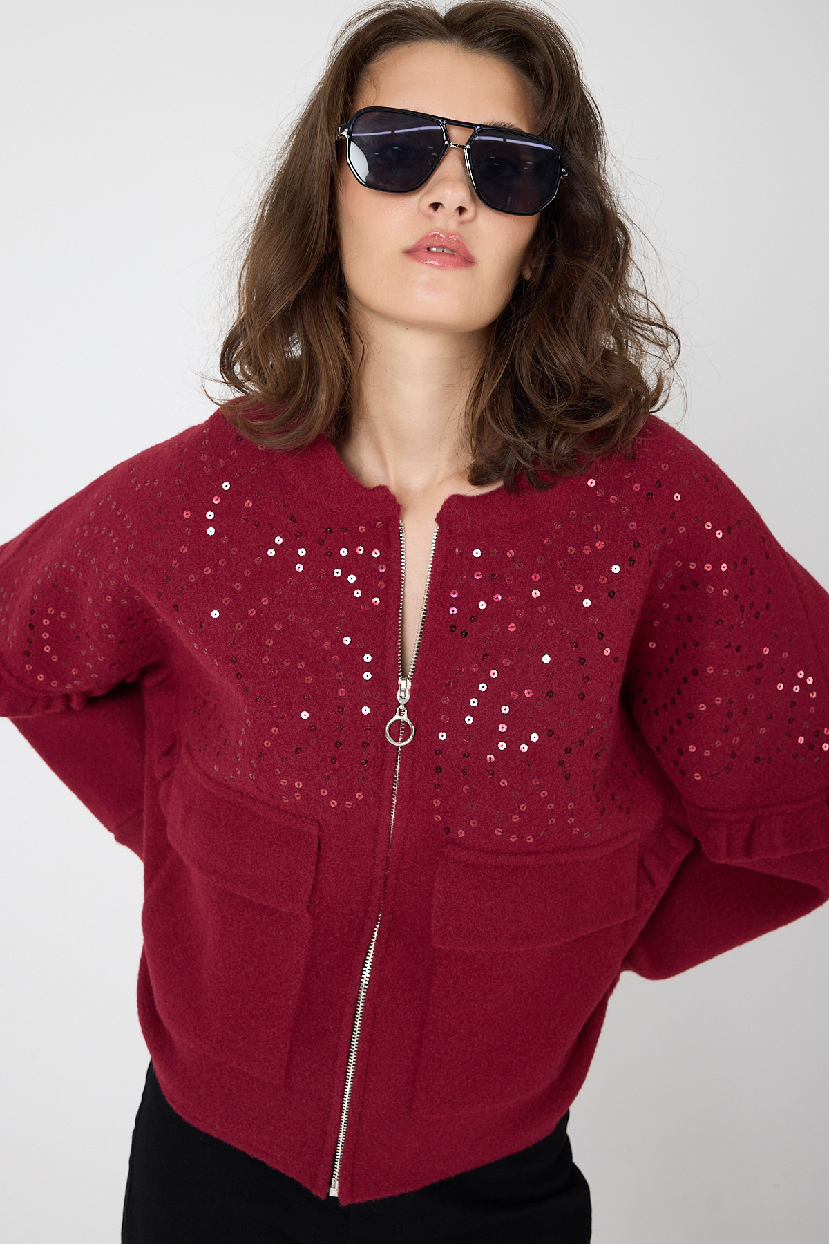 Bordo Pul İşlemeli Cepli Fermuarlı Kadın Hırka 2447 - 6