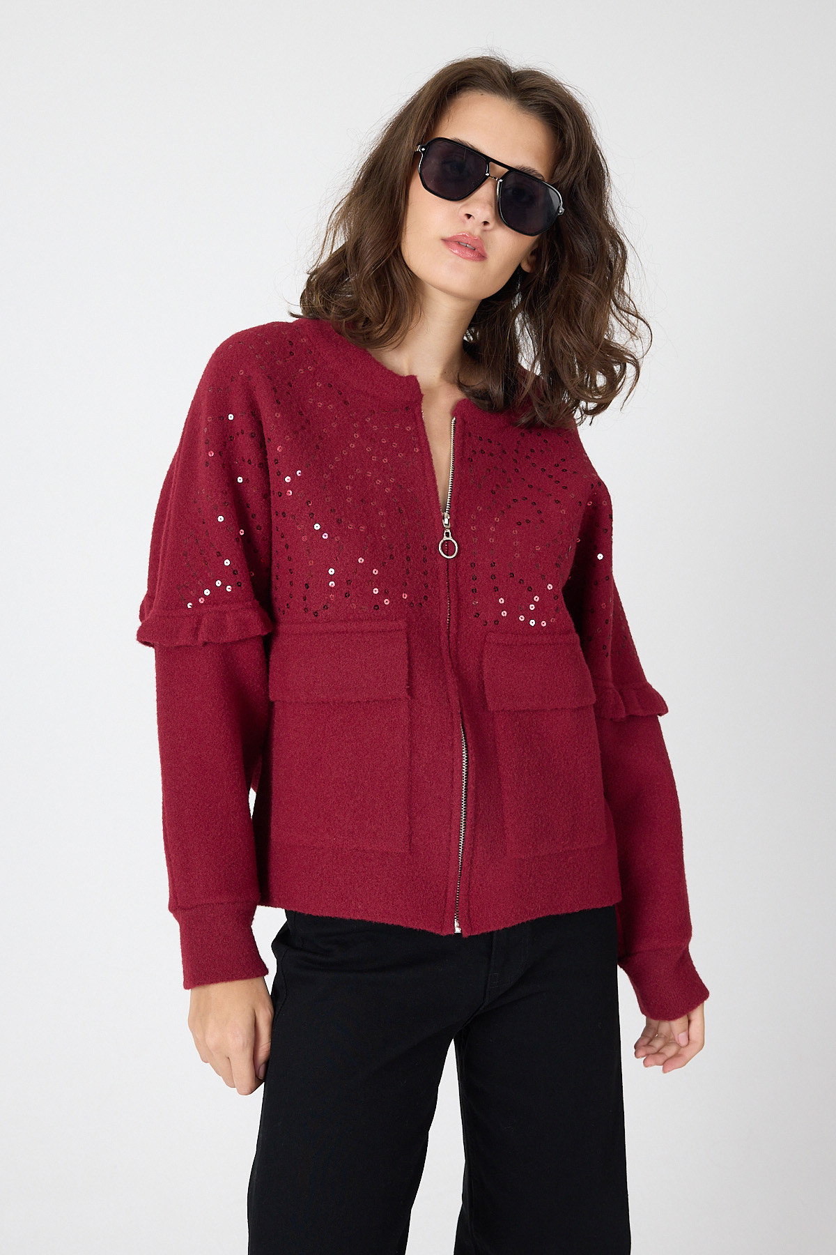 Bordo Pul İşlemeli Cepli Fermuarlı Kadın Hırka 2447 - RAYS