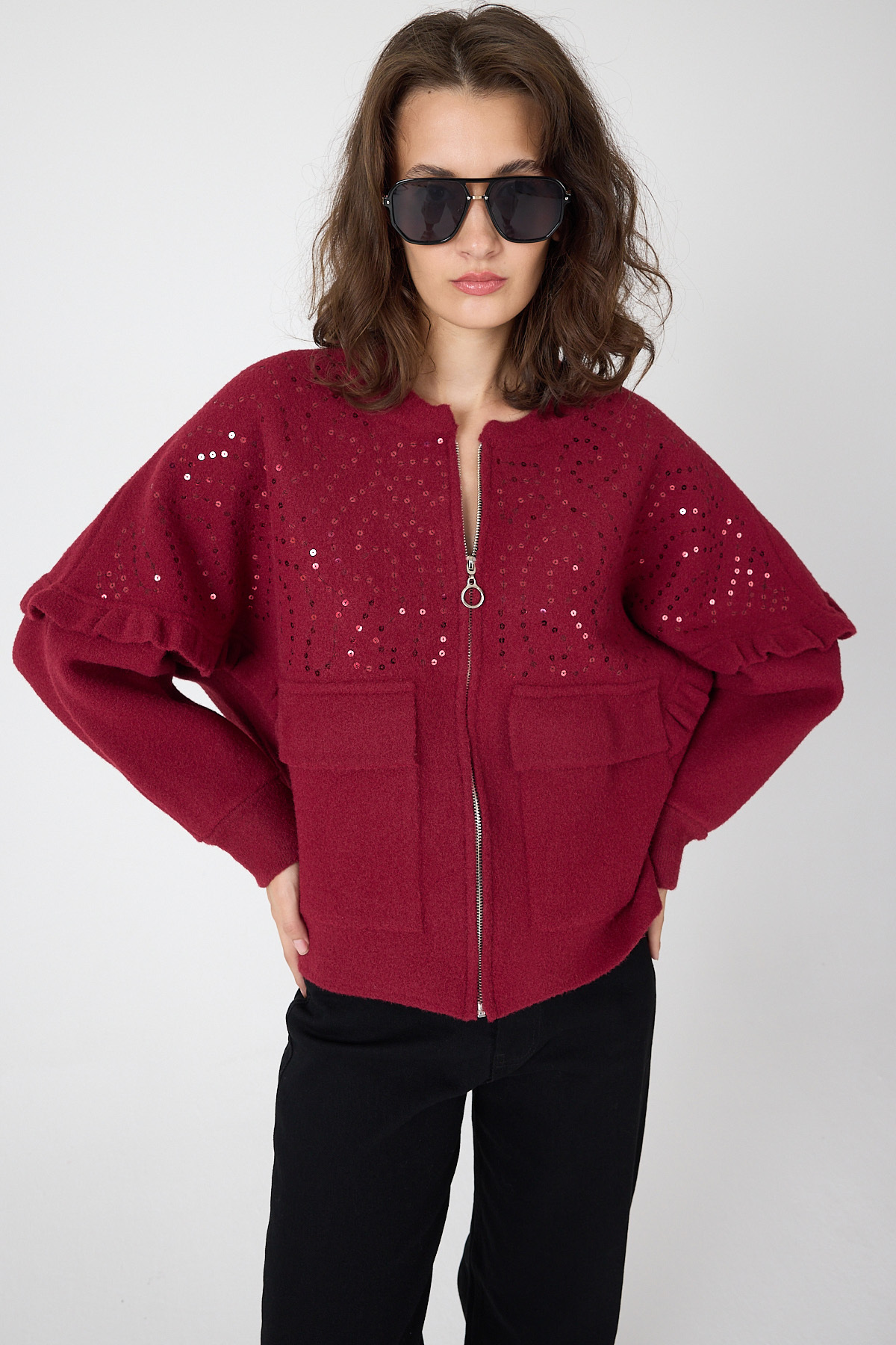 Bordo Pul İşlemeli Cepli Fermuarlı Kadın Hırka 2447 - RAYS