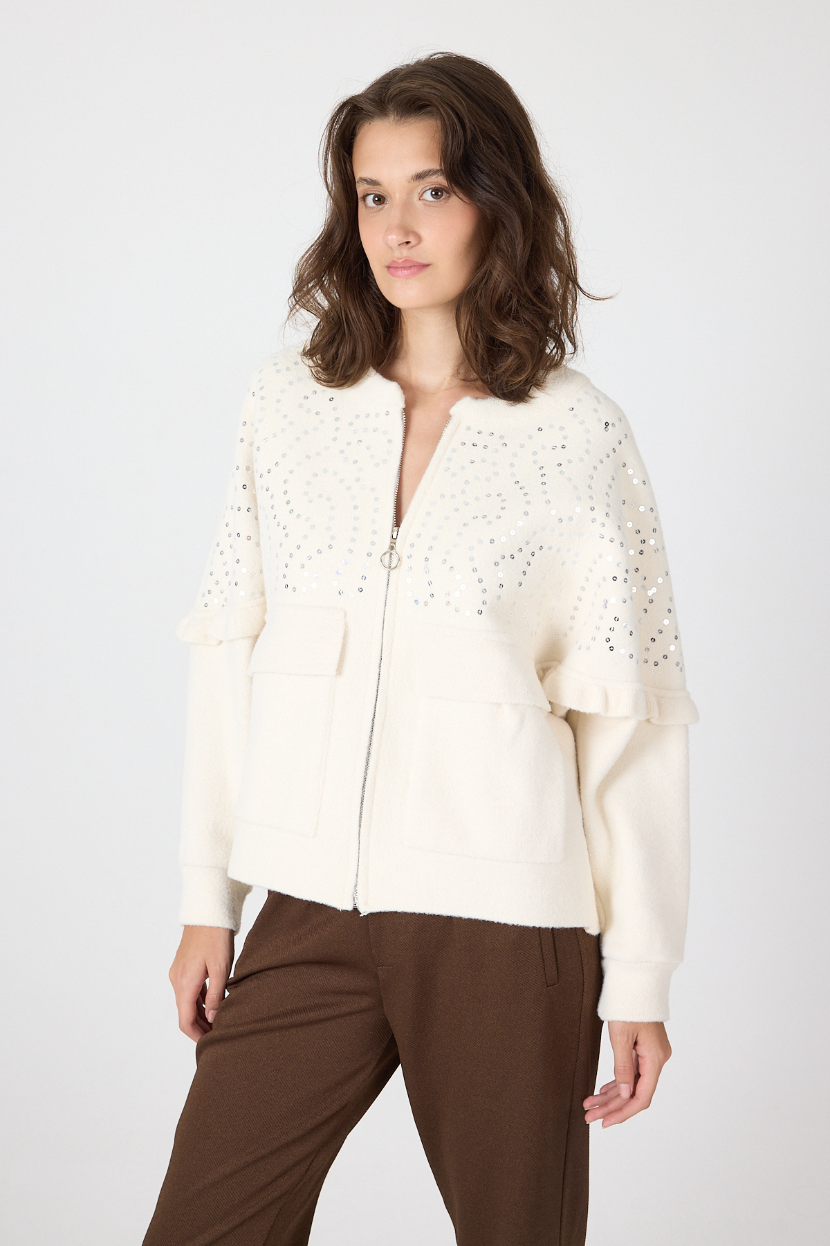 Krem Pul İşlemeli Cepli Fermuarlı Kadın Hırka 2447 - RAYS