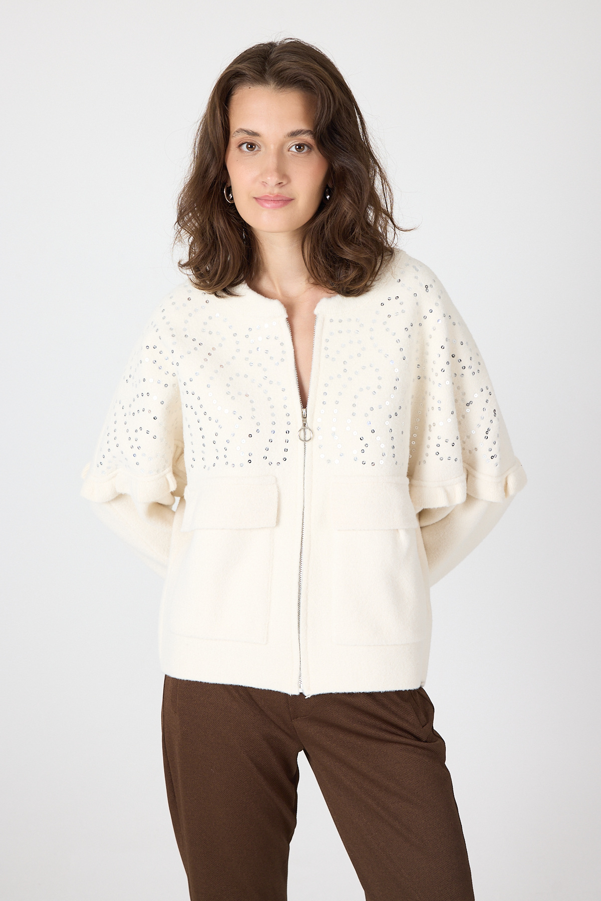 Krem Pul İşlemeli Cepli Fermuarlı Kadın Hırka 2447 - 3