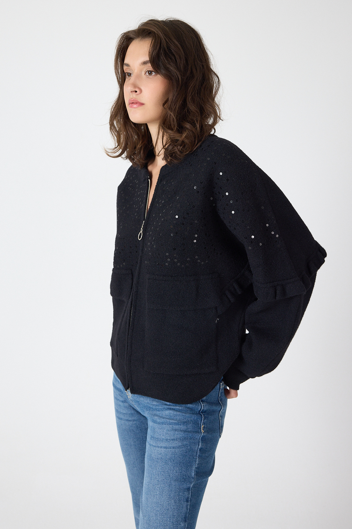 Siyah Pul İşlemeli Cepli Fermuarlı Kadın Hırka 2447 - 7