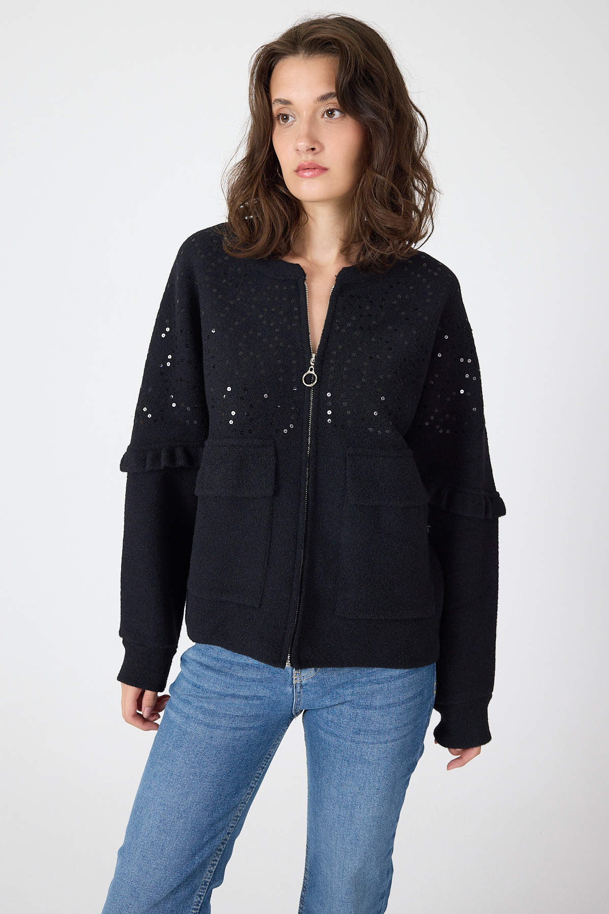 Siyah Pul İşlemeli Cepli Fermuarlı Kadın Hırka 2447 - RAYS